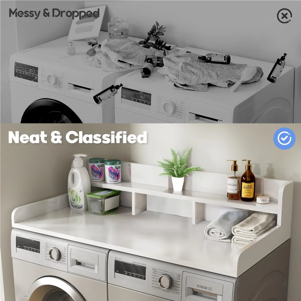 Modern Washer Dryer Countertop with 2-Tier Shelf,Laundry Room Countertop Organization Storage with 2.75" H Guard Edge Rails,Non-Slip Pad,Waterproof and Easy to Clean,54"W x 27.55"D,Natural Wood - Image 24