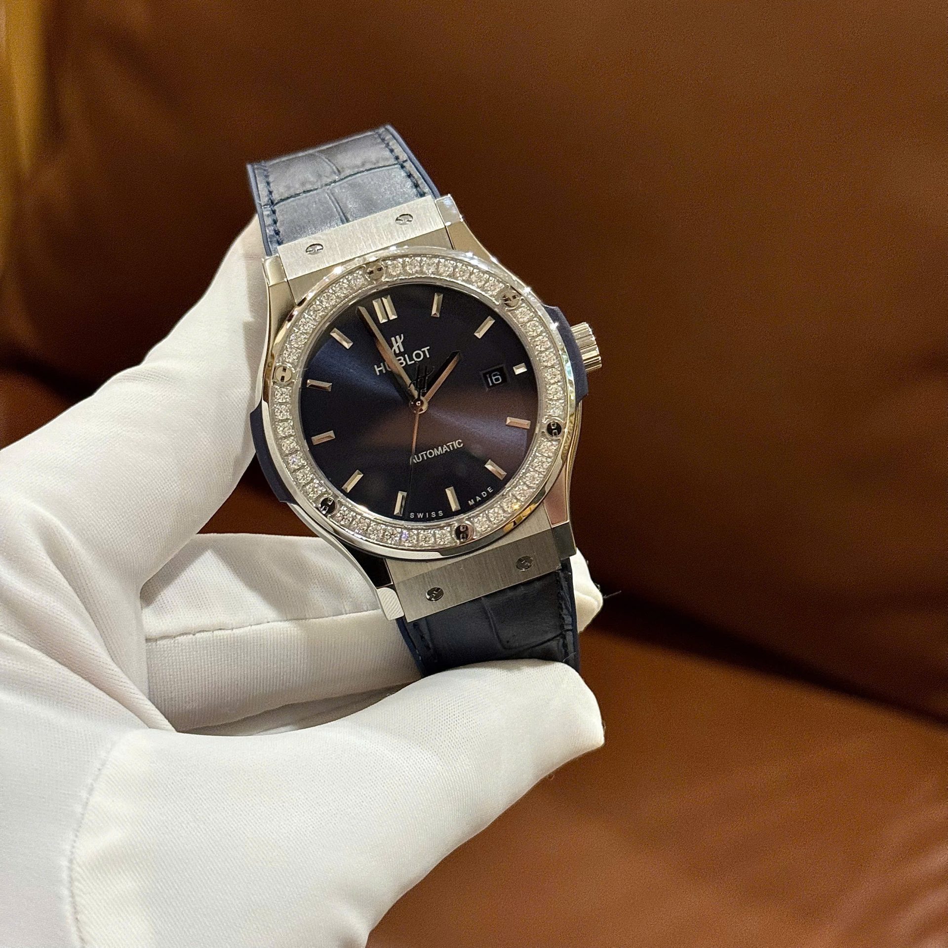 Hublot Classic Fusion Fake Watch Men Blue Dial Bezel Stone CZ HB Factory 42mm - Elite Watch Atelier