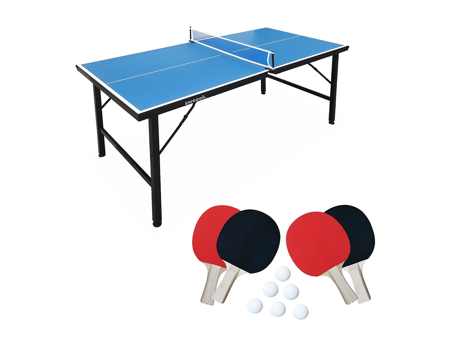 Mini table de ping pong 150x75cm - table pliable INDOOR bleue. avec 4 raquettes et 6 balles