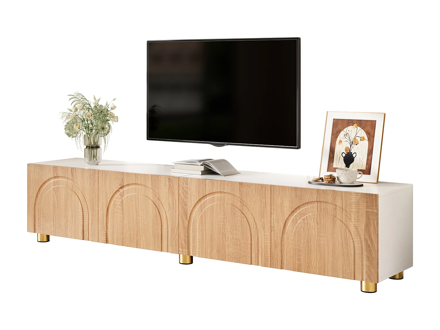 Meuble TV moderne 180x35x40 cm - 4 portes - Design en relief arqué - Pieds en métal - MDF + panneaux de particules - Naturel