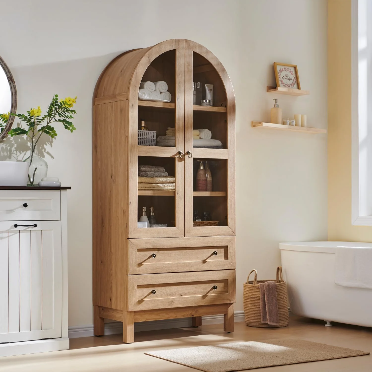 IFGET 71-Inch Arched 4-Tier Bookcase with Glass Doors and Drawers - Image 15