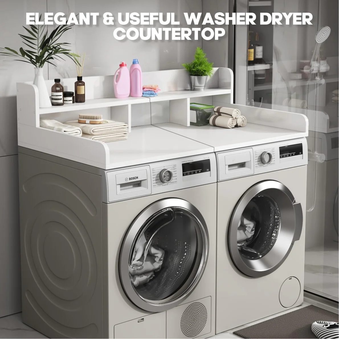 Modern Washer Dryer Countertop with 2-Tier Shelf,Laundry Room Countertop Organization Storage with 2.75" H Guard Edge Rails,Non-Slip Pad,Waterproof and Easy to Clean,54"W x 27.55"D,Natural Wood - Image 20