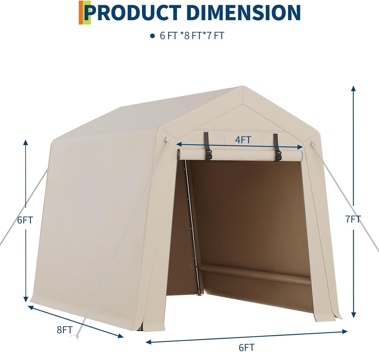 6 x 8 ft Bike Shed ATV Storage Tent Portable Storage Shed Outdoor Carport Tarp Sheds with Roll-Up Door for Motorcycle, Car, Garden Tools Khaki