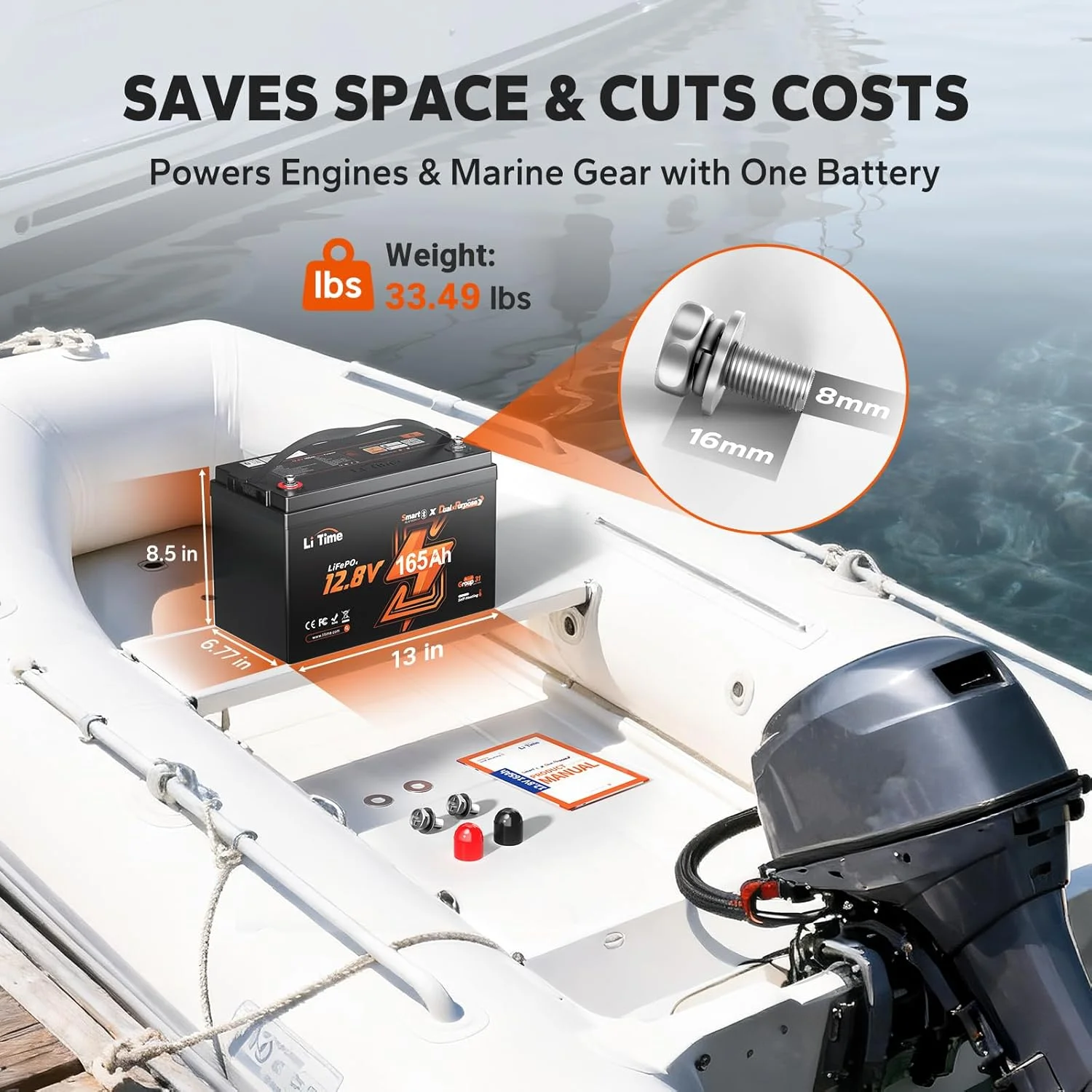 LiTime 12V 165Ah Dual Purpose Lithium Marine Starting & Storage Battery (1200CCA), Group 31 Deep Cycle LiFePO4 Cranking Battery for Boat, Compatiable with Mercury, Honda, Suzuki, Evinrude