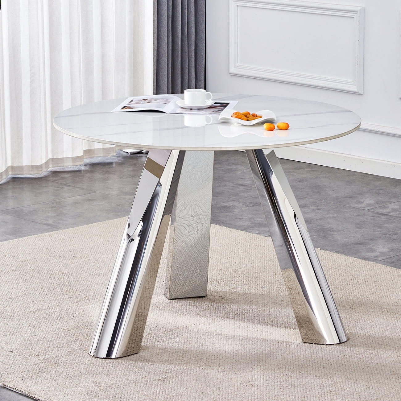 Dining Table Sets A 42-inch stainless steel leg round table with a marble top is suitable for use by four or six people,Modern Dining Tables