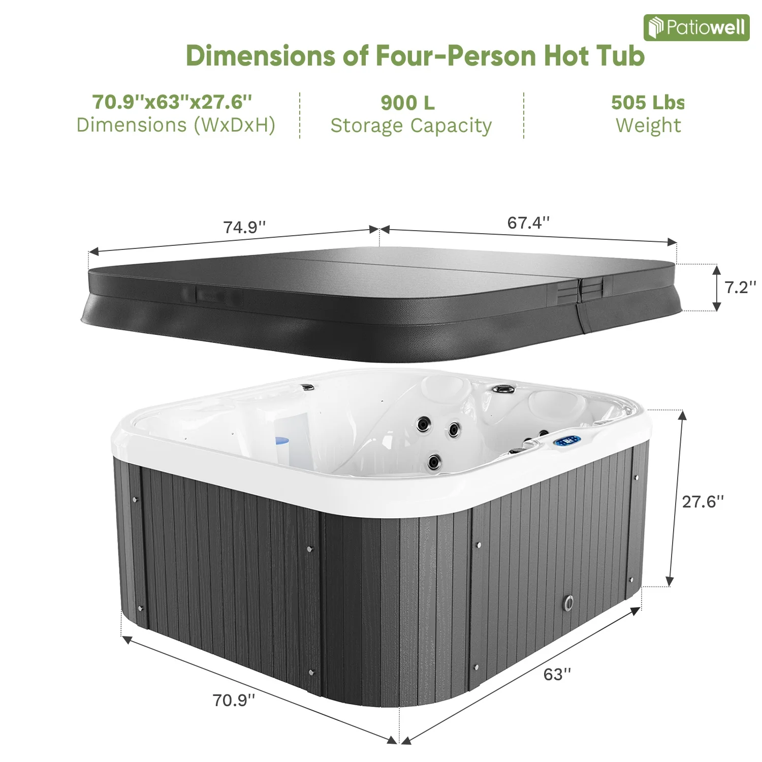 Patiowell 2 Person Home Spa Hot Tub for Outdoor, with 41pcs Massage Jets, LED lighting, Built-In Water Purification System, 900L, Black - Image 18