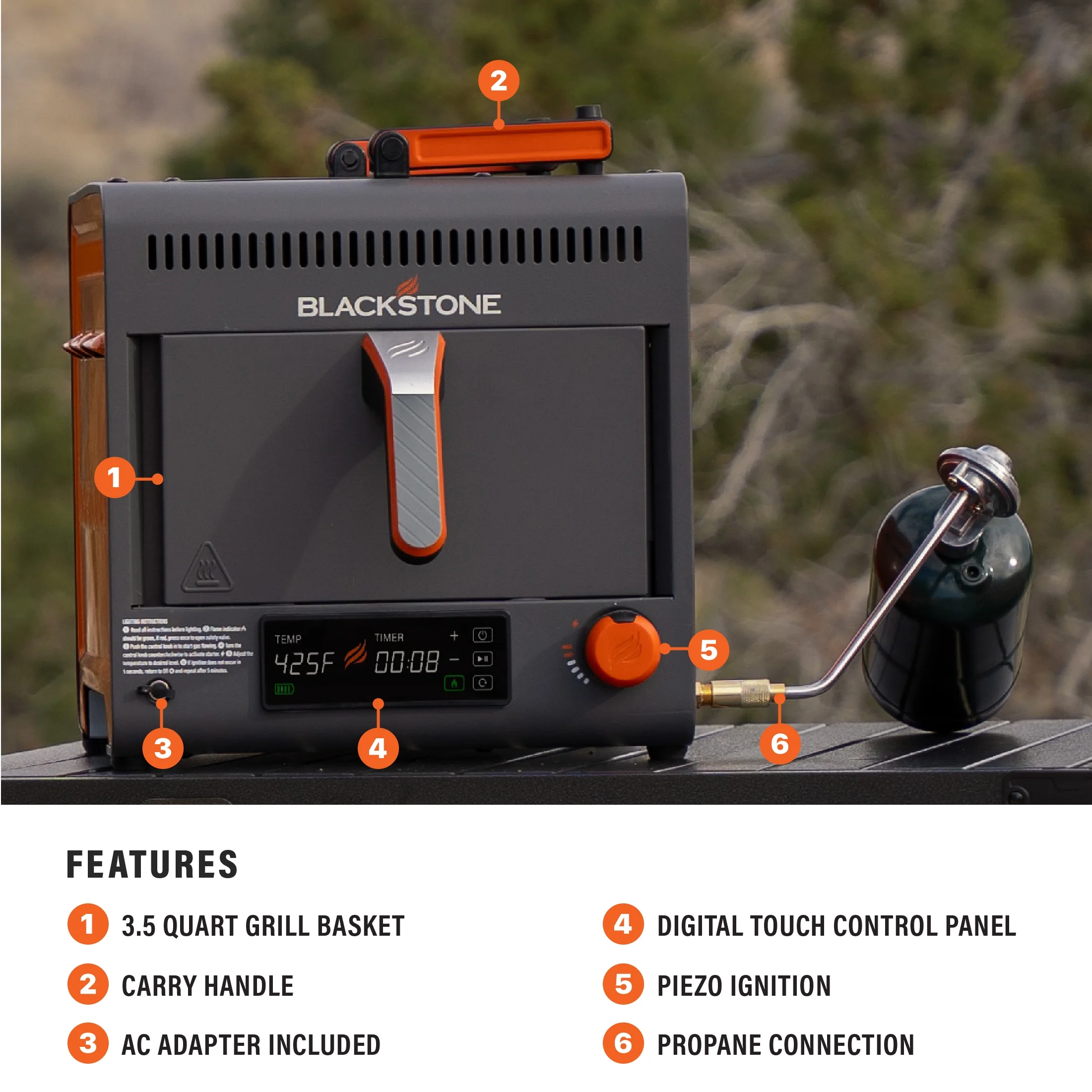 Blackstone Adventure Ready Portable Propane Air Fryer, 4 Quart, Gray & Orange, 18W, 3ft Cord - Image 5