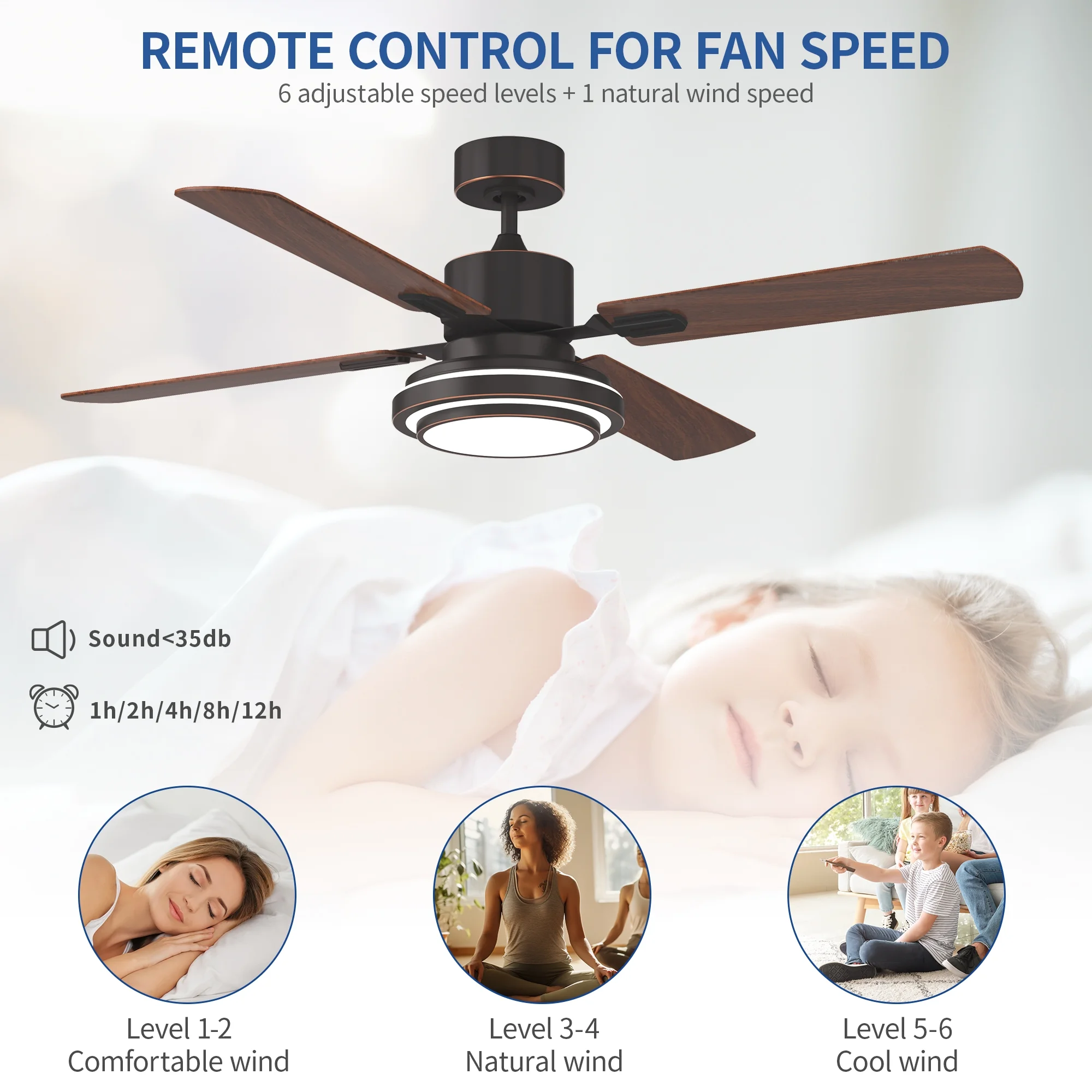 Uforic 52'' Ceiling Fan with Light and Remote Control, 6 Speeds, 5 Timer Settings, and Dual-Finish Blades (Brown)