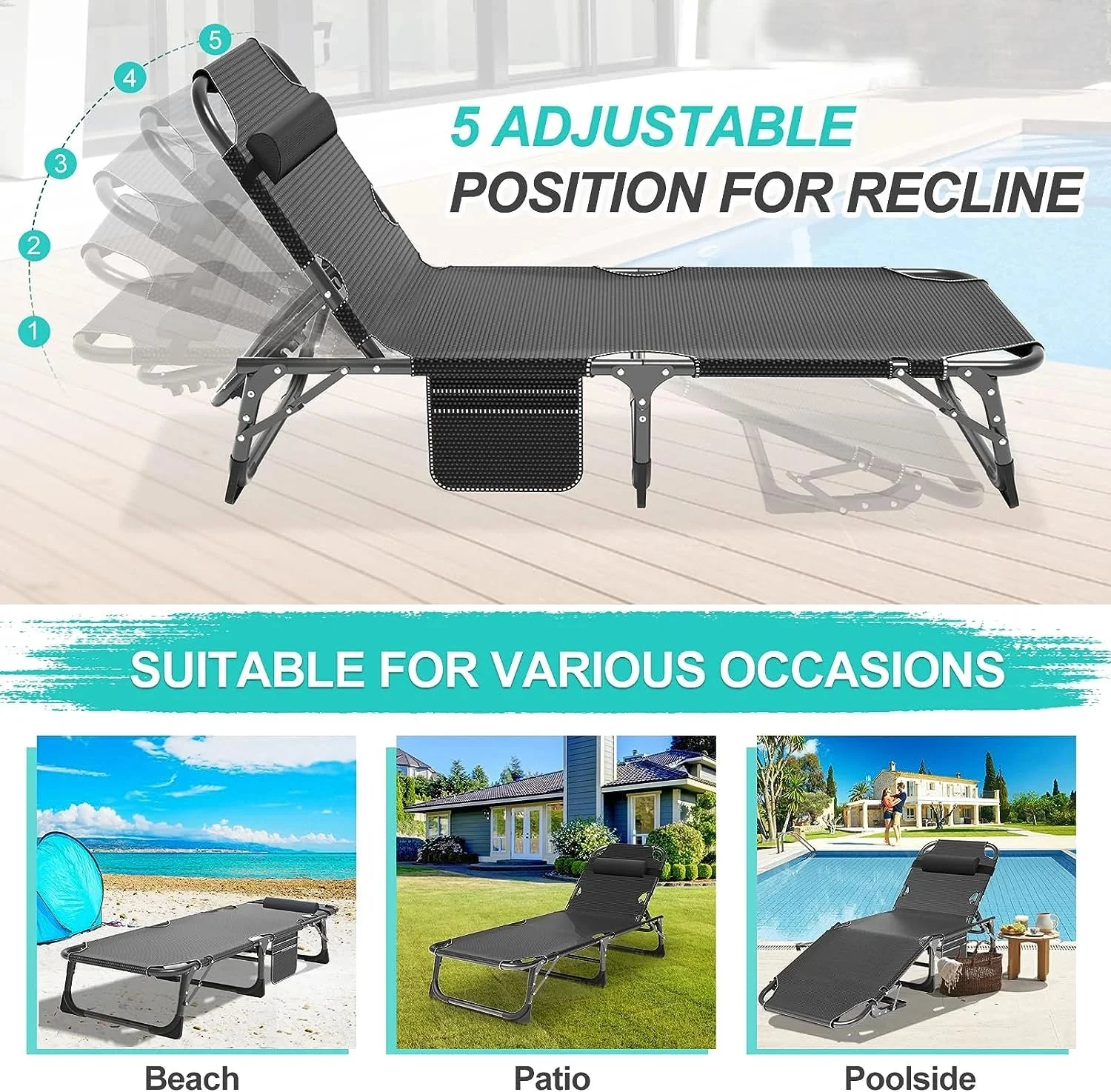 Slsy 5-Position Adjustable Folding Lounge Chair And Cot - 75.2" x 25.6" x 11.8" - Image 18 Slsy 5-Position Adjustable Folding Lounge Chair And Cot - 75.2" x 25.6" x 11.8" - Image 18