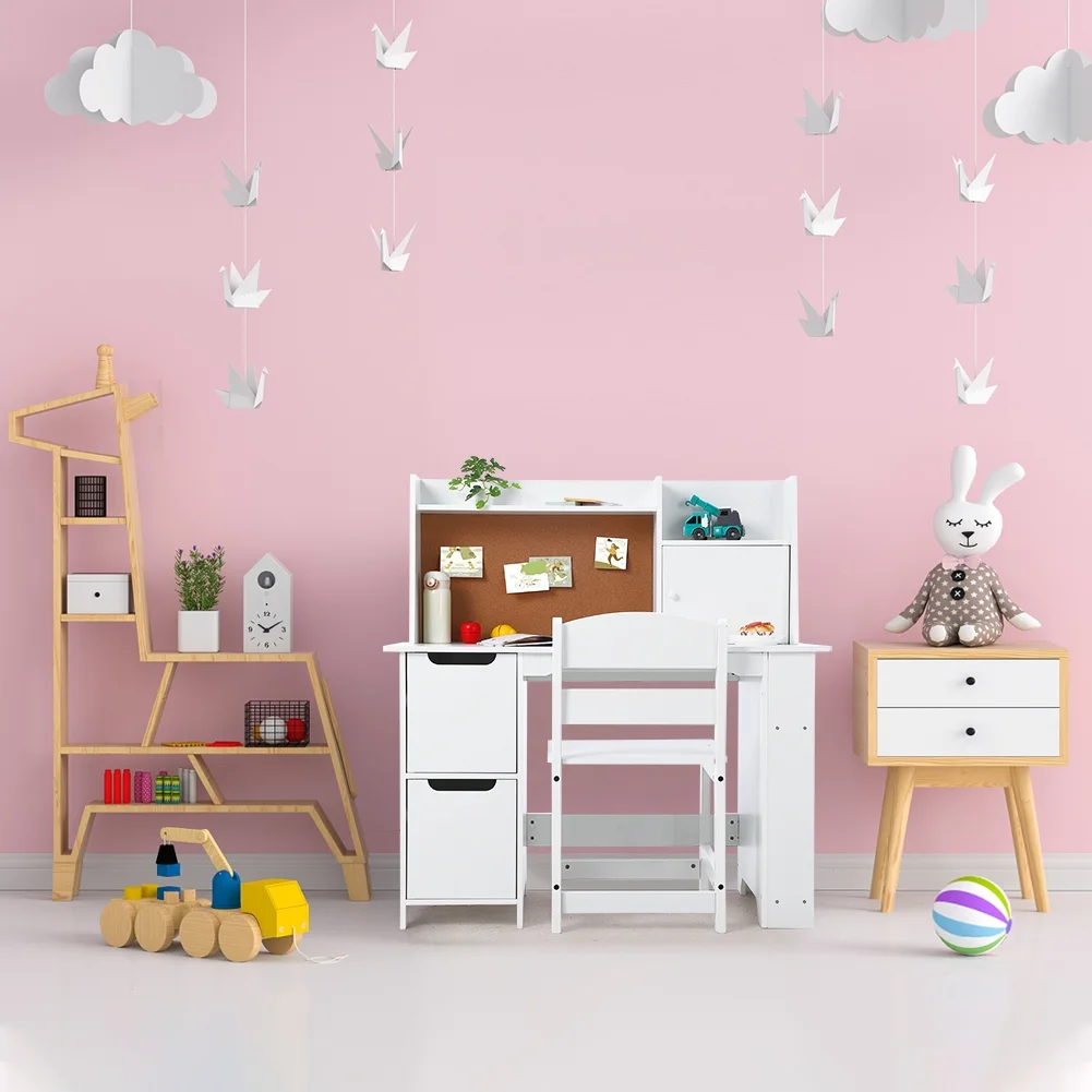 Wpond Kids Desk and Chair Set, Wooden Children Study Table with Storage, Bulletin Board, Student Computer Workstation Writing Desk for Kids Bedroom, School, White