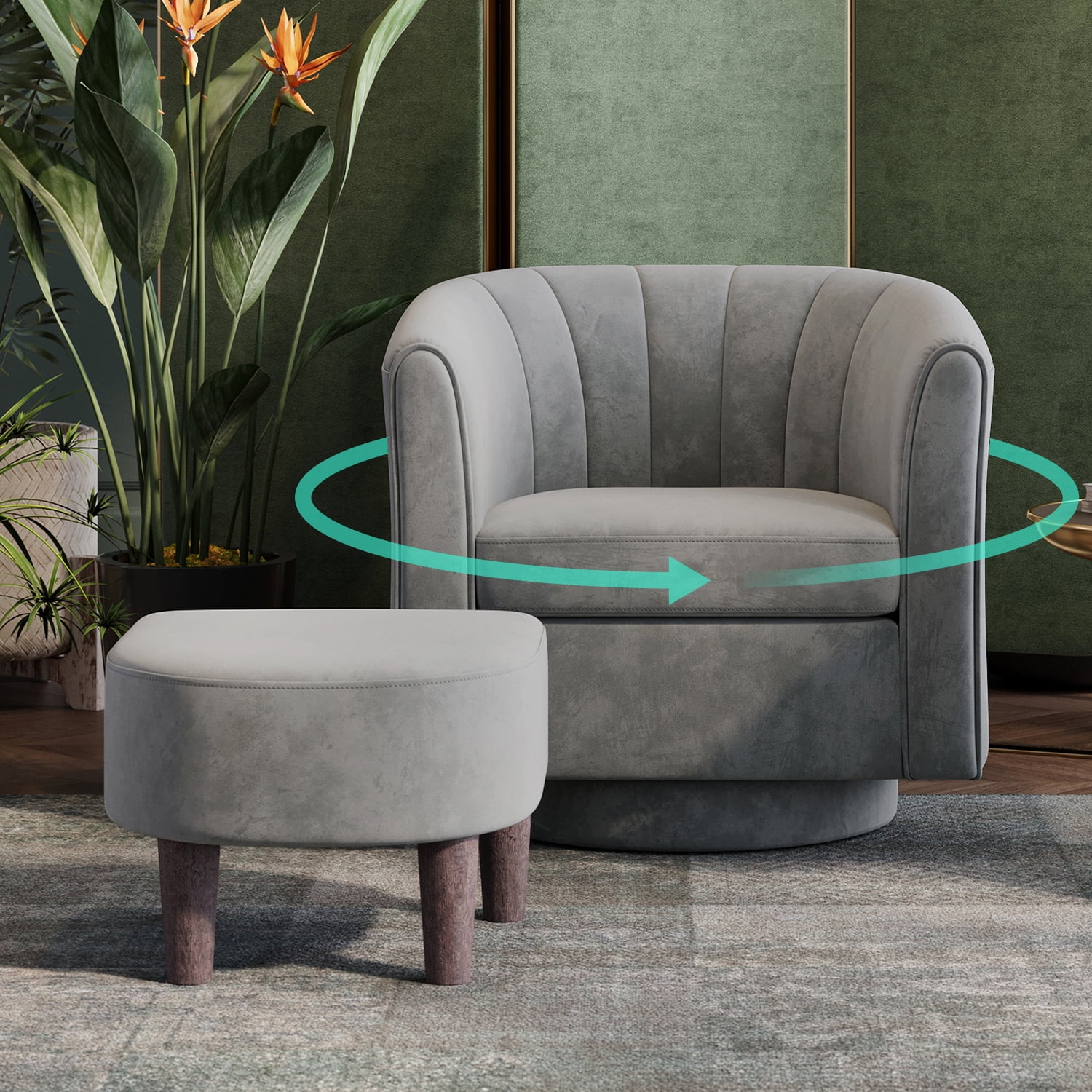 LINSY HOME Swivel Accent Chair with Ottoman, Velvet Barrel Chair for Living Room, Blue - Image 23
