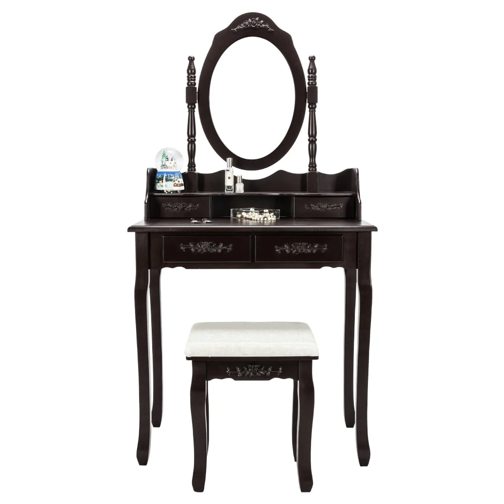 UBesGoo 4 Drawer Vanity Makeup Dressing Table Set w/Stool&Mirror Jewelry Wood Brown - Image 10