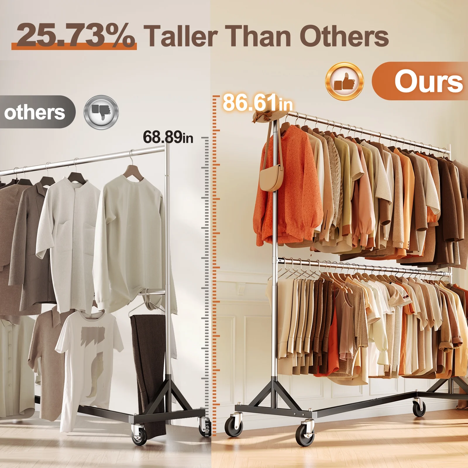 HOKEEPER 400LBS Commercial Z Base Garment Rack Heavy Duty Clothing Rack Height Adjustable Rolling Clothes Rack for Hanging Clothes Racks on Wheels Portable Z Rack Chrome Finish - Image 15