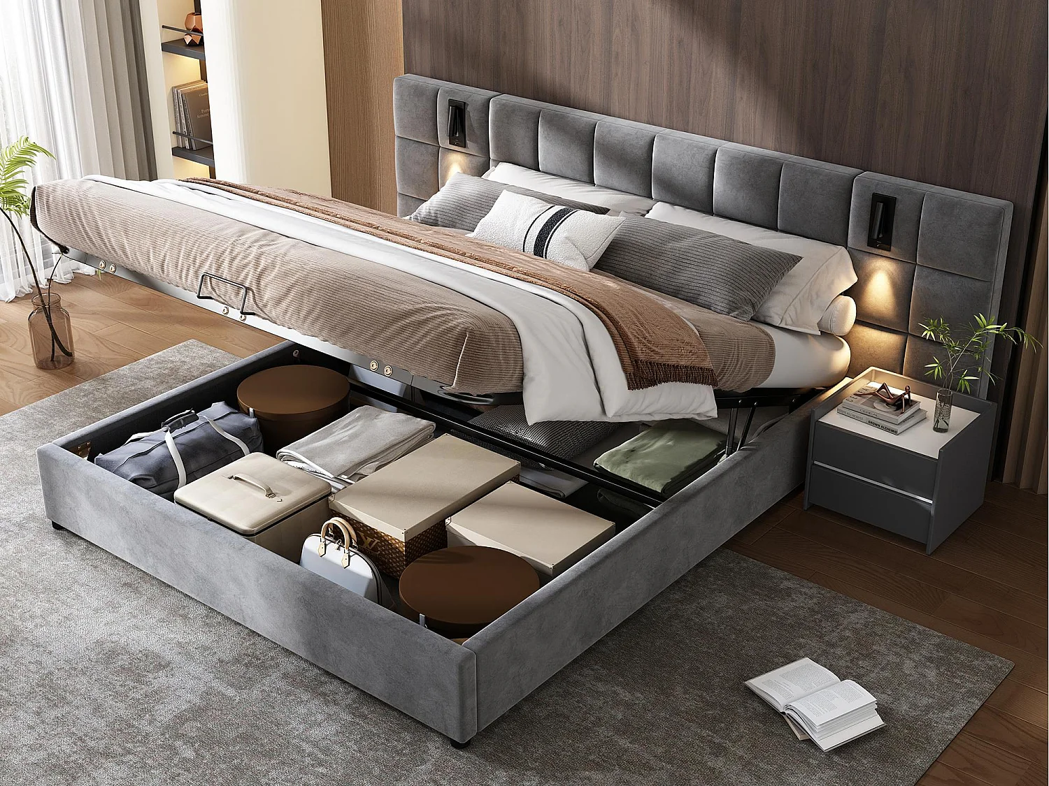 Lit coffre en velours - 160x200cm - avec LED et port de recharge - Gris(table de chevet non compris)
