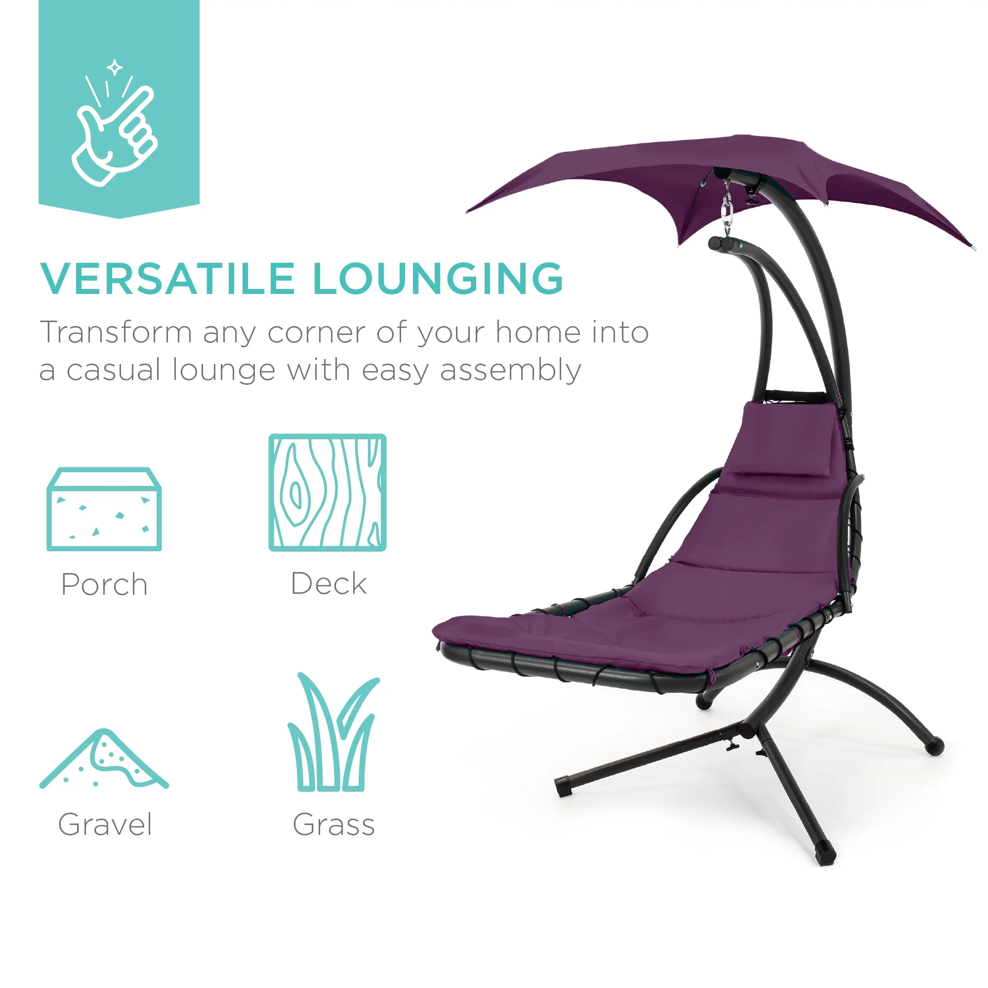 Best Choice Products Hanging Curved Chaise Lounge Chair Swing for Backyard, Patio w/ Pillow, Shade, Stand - Teal - Image 59