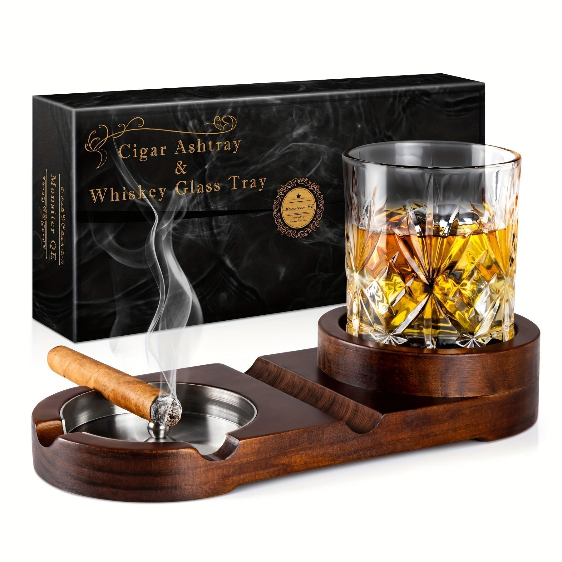 Luxe Cederhout Sigarenasbak met Afneembaar Whiskyglazen Bakje – Duurzaam en Elegant Accessoire voor Sigarenliefhebbers