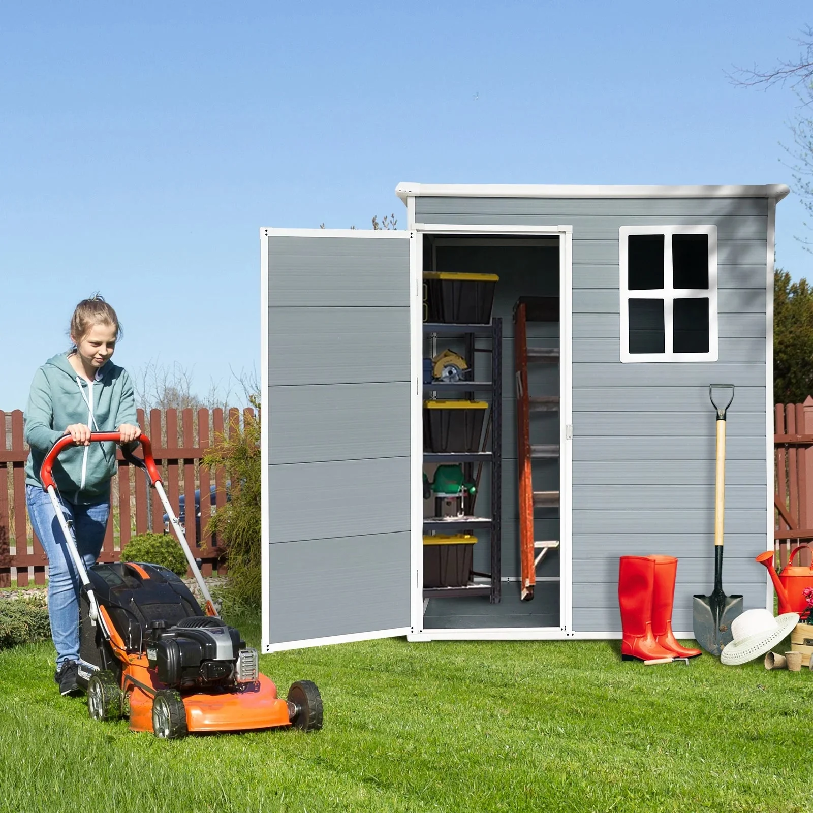Seizeen Outdoor Resin Storage Shed, 41 Cu. Ft. / 306 Gal, Gray, 3 Doors With Floor - Image 20 Seizeen Outdoor Resin Storage Shed, 41 Cu. Ft. / 306 Gal, Gray, 3 Doors With Floor - Image 20