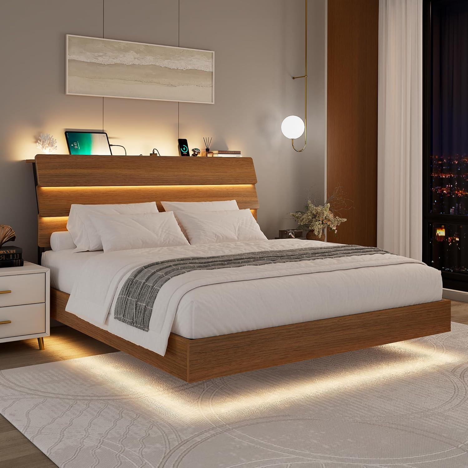 Feonase Floating Bed Frame Queen with Led Lights and Charging Station, Wood Full Size Bed Frame with Storage Headboard, Heavy Duty Metal Slats, No Box Spring Needed, Easy Assembly,Walnut