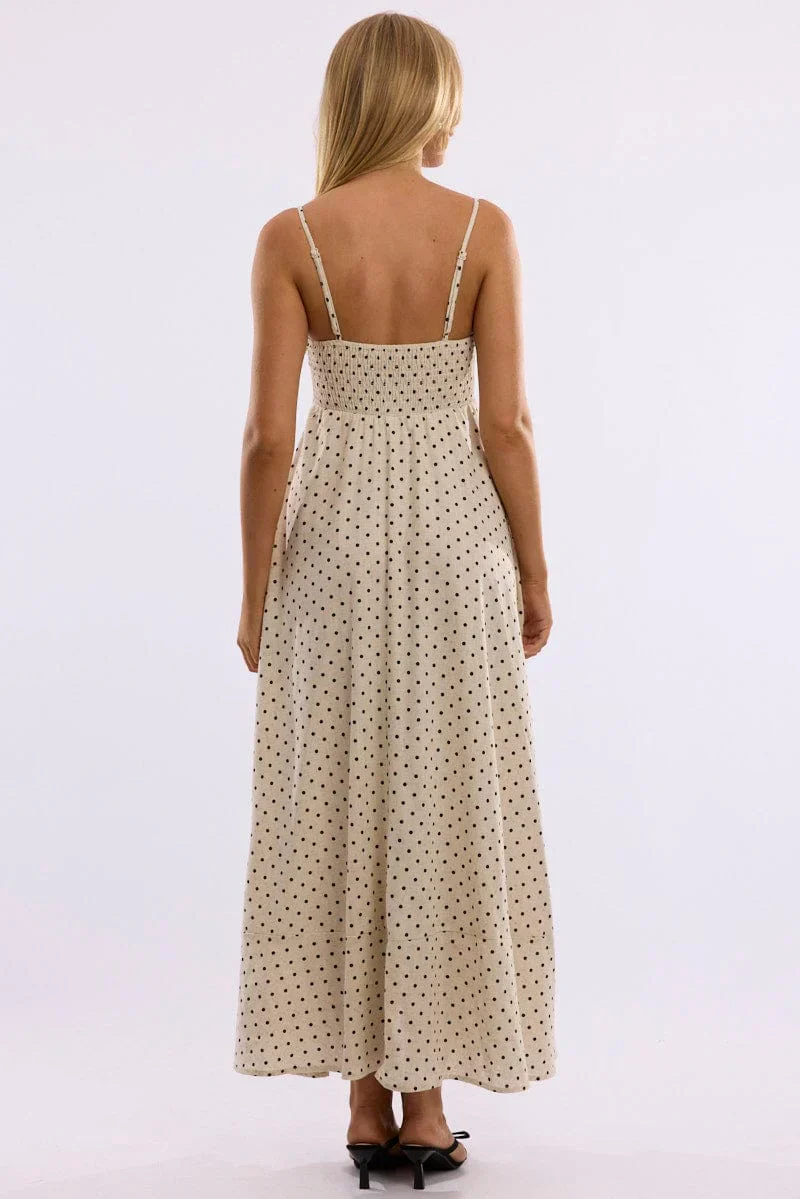 Beige Polka Dot Maxi Dress Strappy