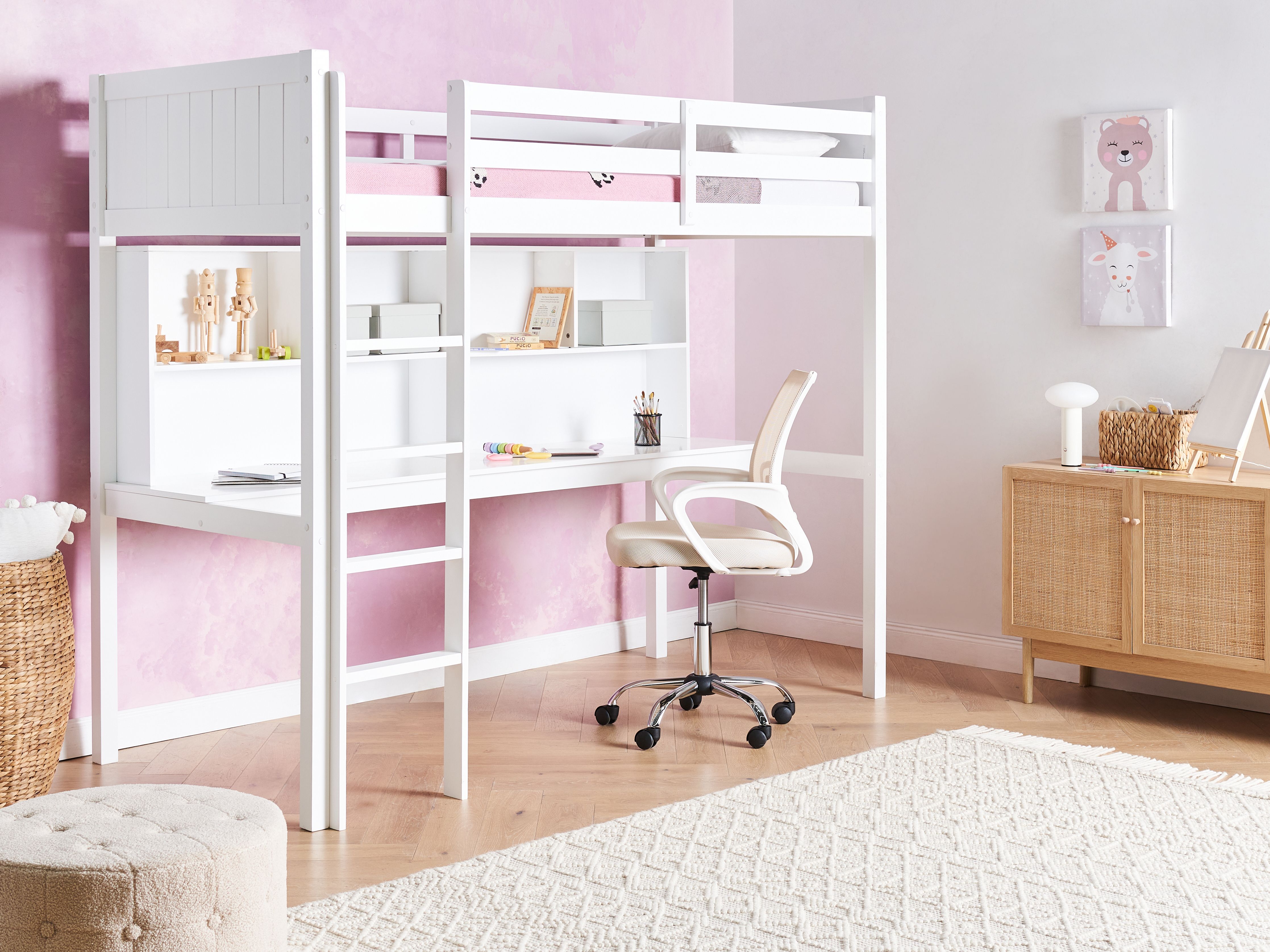 High Sleeper Bed with Desk Pine Wood FOUCAMONT 90 x 200 cm (EU Single) White