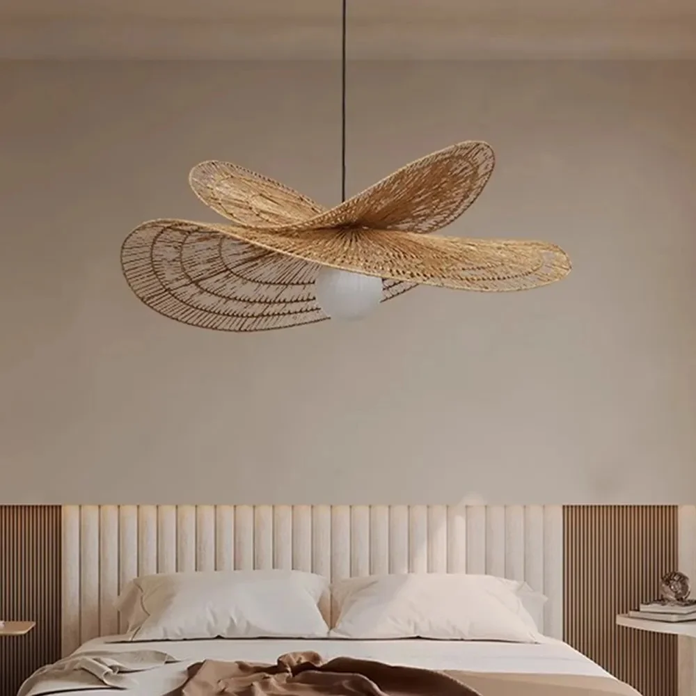 Arturesthome Vintage Handmade Rattan Woven Creative Double-Layer Straw Hat Pendant Light