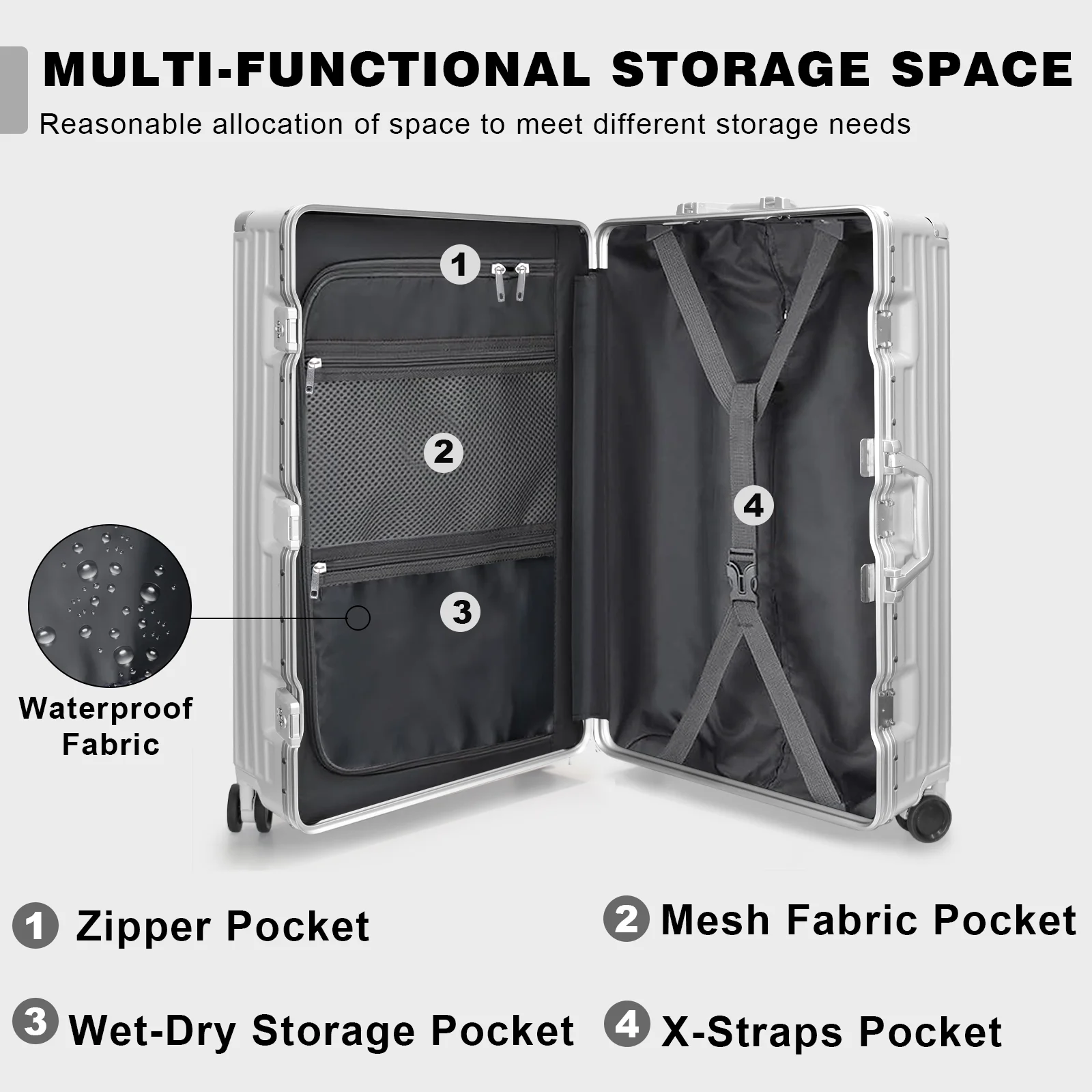 Luggage Aluminium Frame PC ABS Hardshell Suitcase with Spinner Wheels TSA Lock Zipperless Luggage 28 inch Silver - Image 5