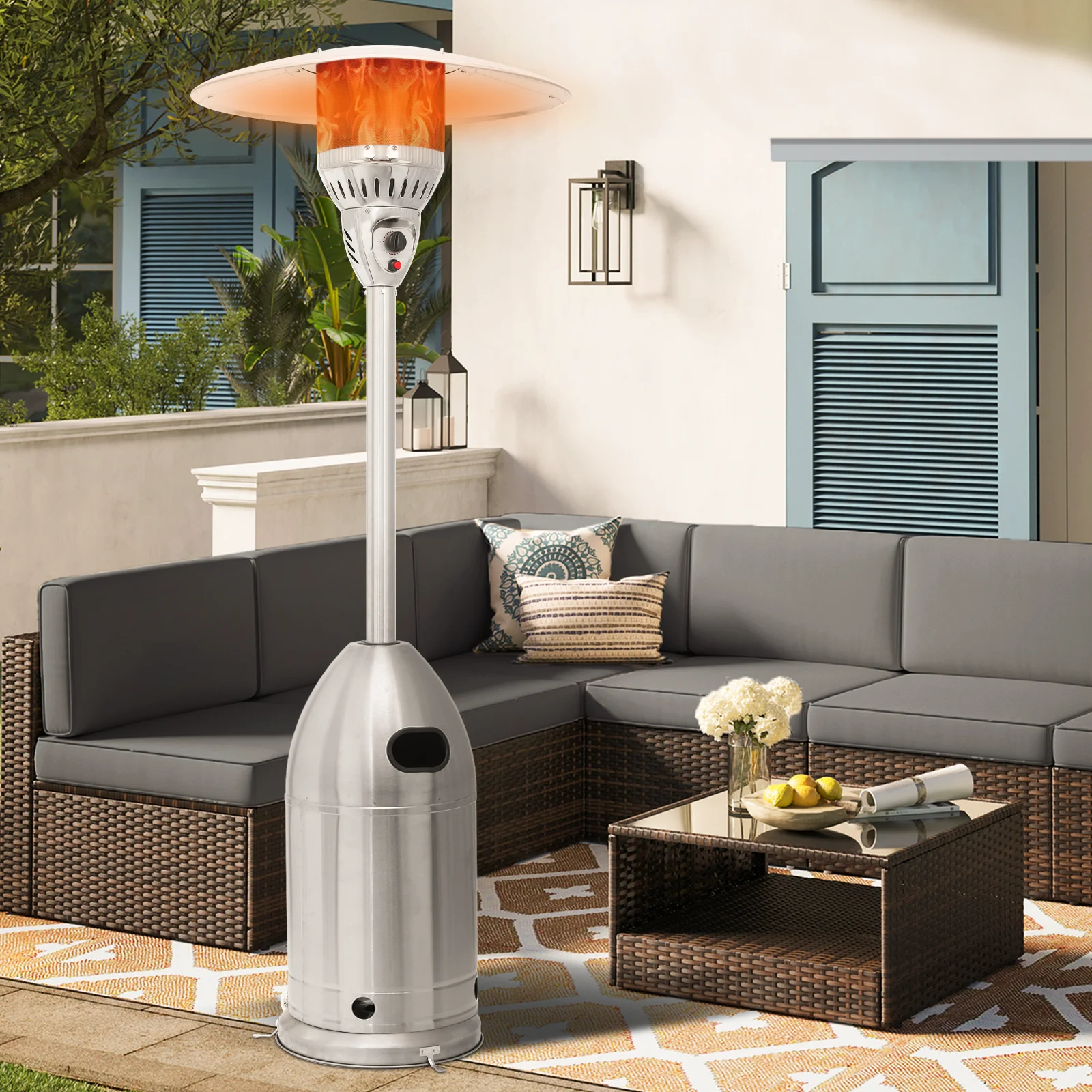 MoNiBloom 41,000 BTU Propane Patio Heater Outdoor Freestanding Heater with Rolling Wheels for Commercial & Residential Use, Silver