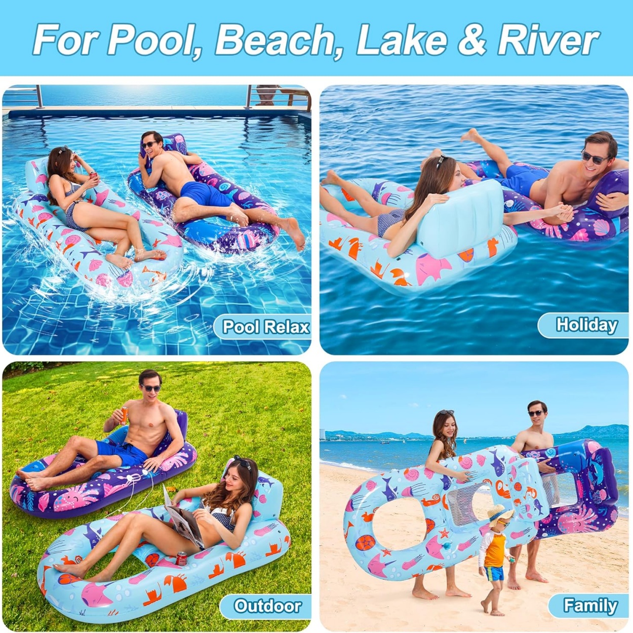 Extra Large Inflatable Pool Lounger Float Heavy Duty Cup Holder Backrest for Adults-Beach Party-Water Amusement Facilities