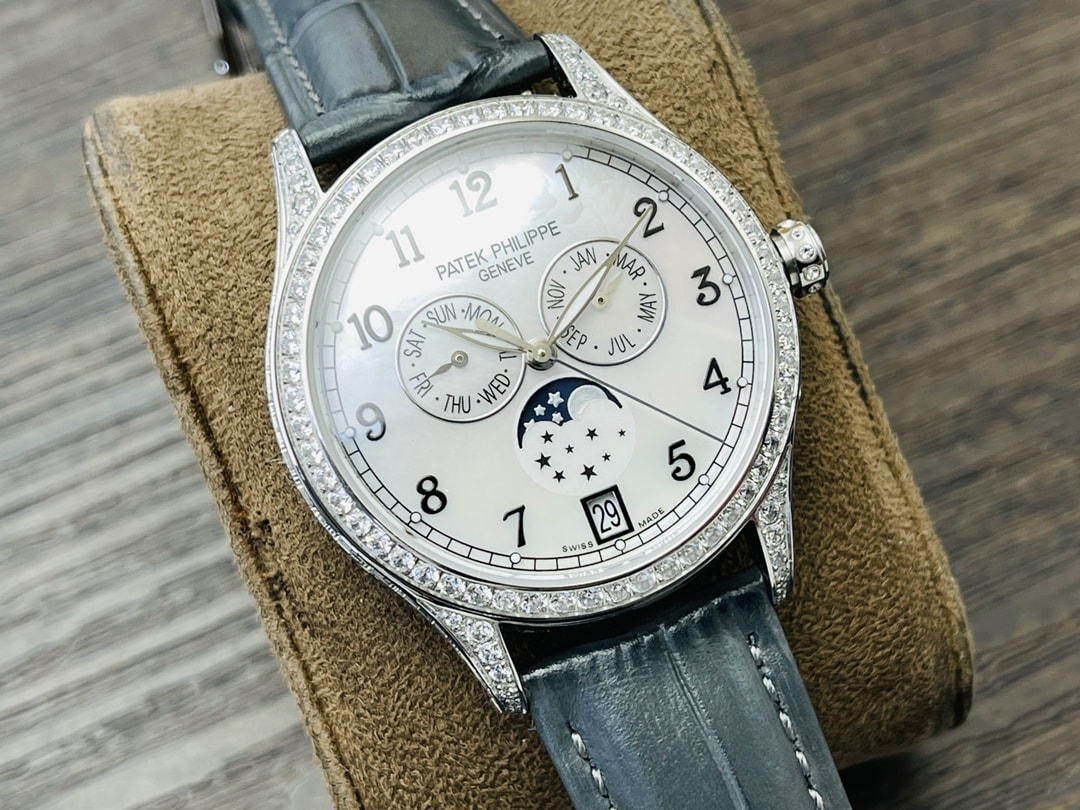 Fake Diamond Watch Patek Philippe Replica Complications Annual Calendar Moon Phases White Gold White Mother of Pearl Dial 38mm Diamond Bezel 4948G-010(1:1 replica) - Top club