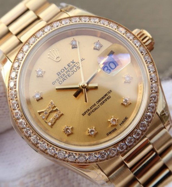 Replica Rolex DateJust 31mm Diamonds Bezel/Markers RG Gold Dial Bracelet A2235 - Elite Watch Atelier