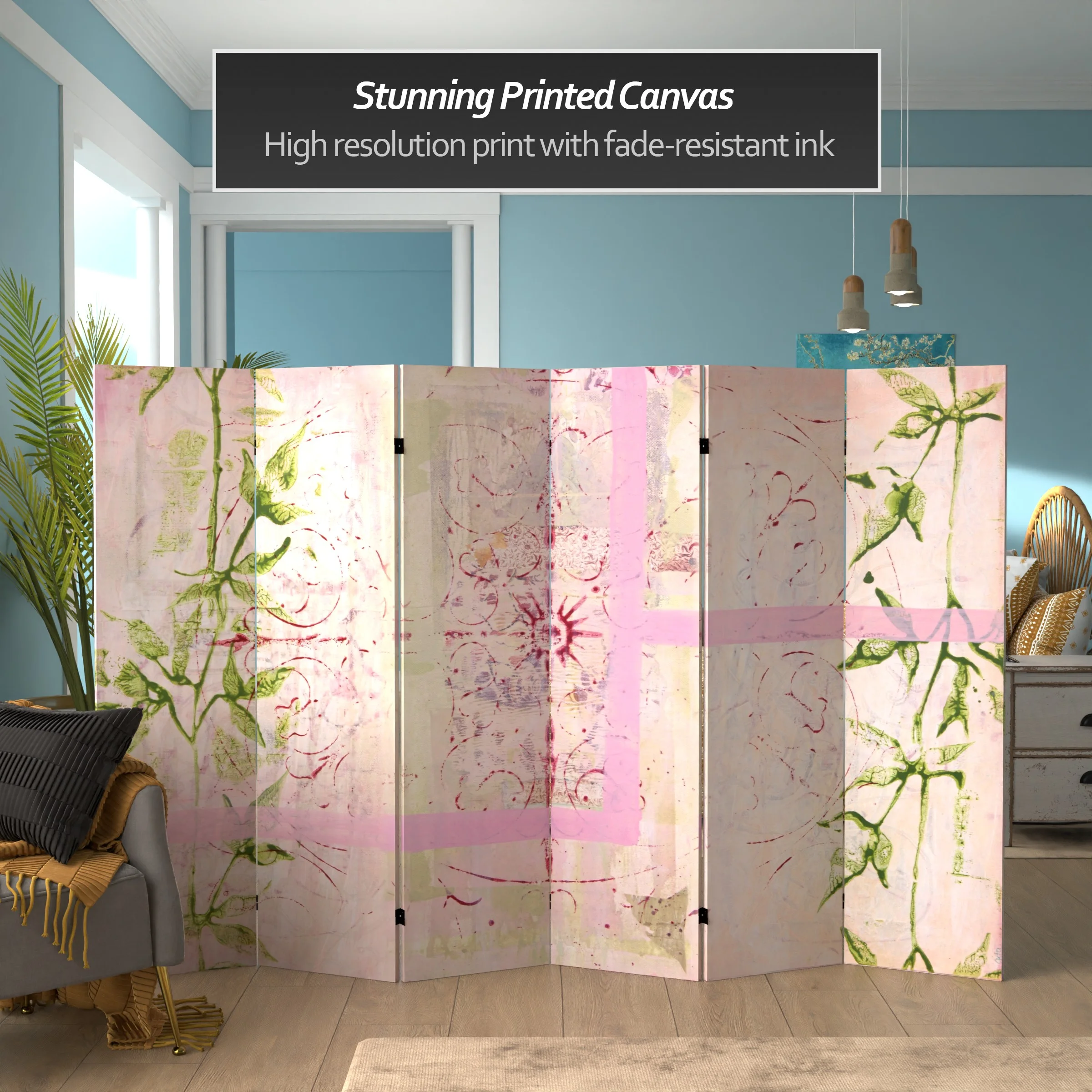 Oriental Furniture 5 1/4 ft. Pink Harmony Canvas Room Divider - 6 Panel