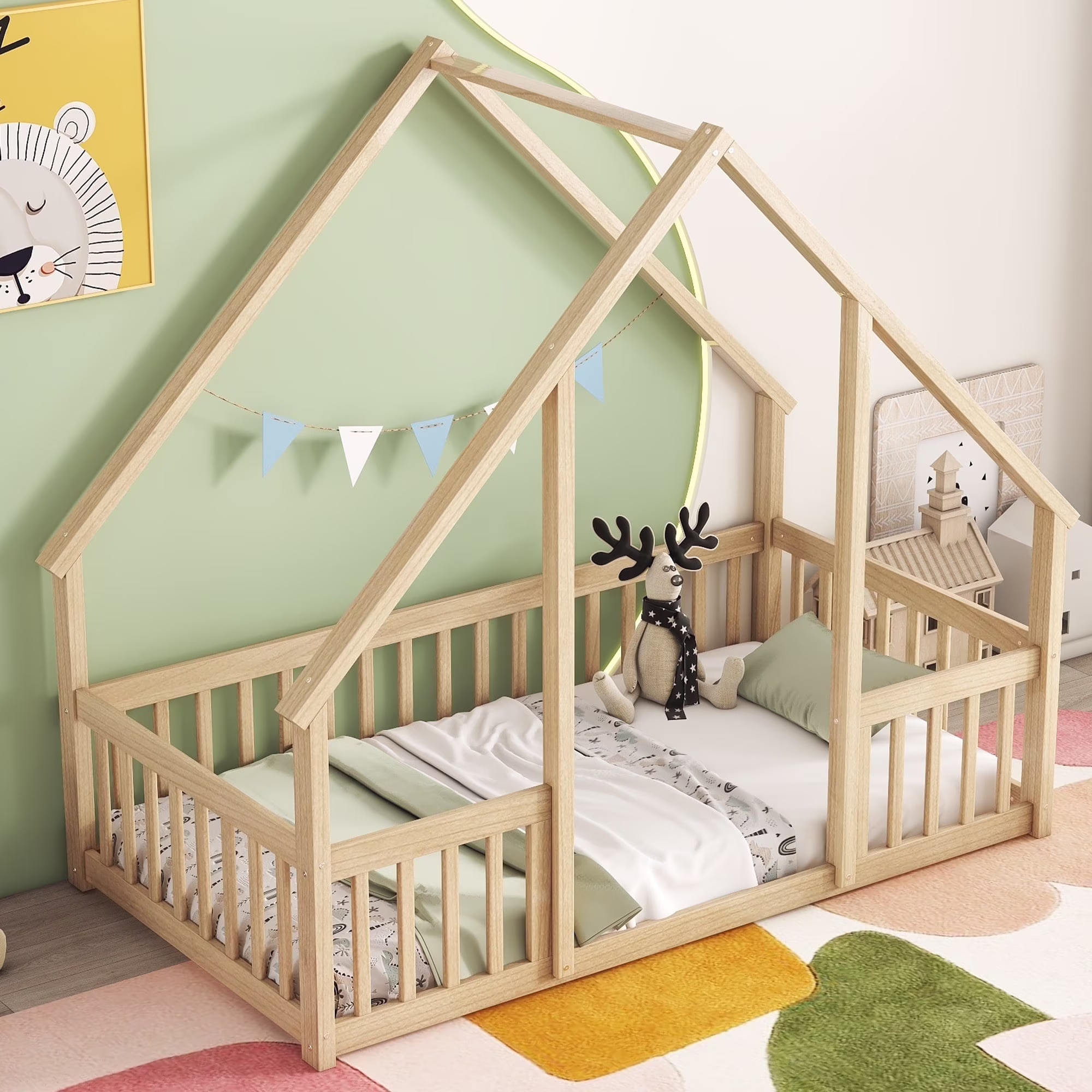 Bellemave Twin Size Floor Bed Frame, Wooden House Bed Twin Size with Fence, Montessori Bed with Guardrails for Bedroom (White) - Image 9