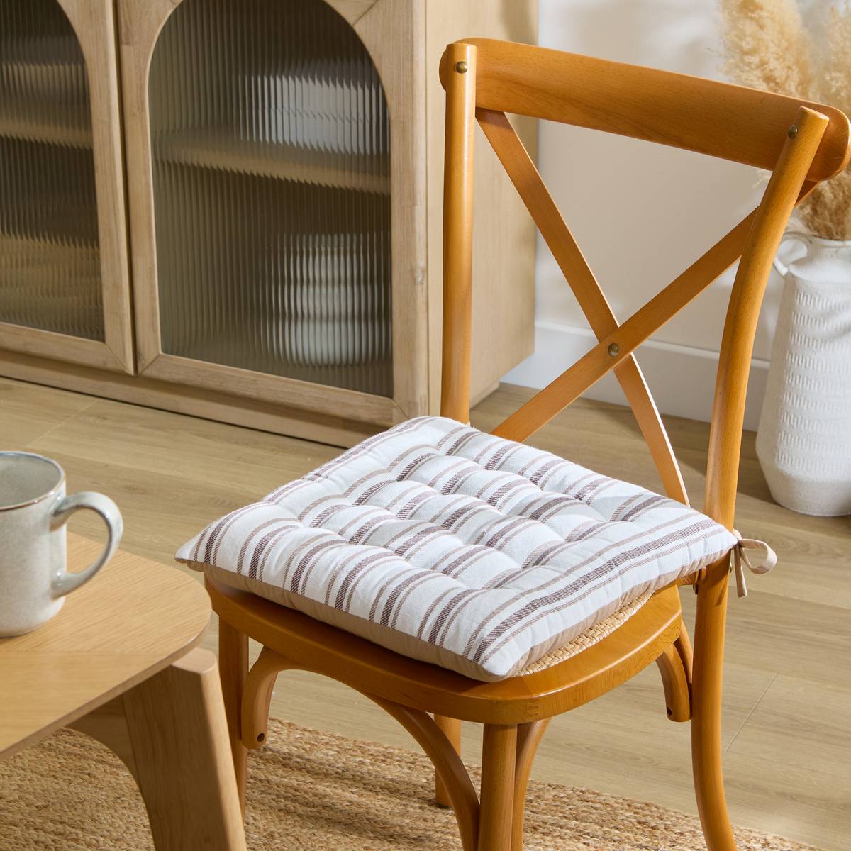 Chair Cushion "Groove" Beige linen, 38x38 cm
