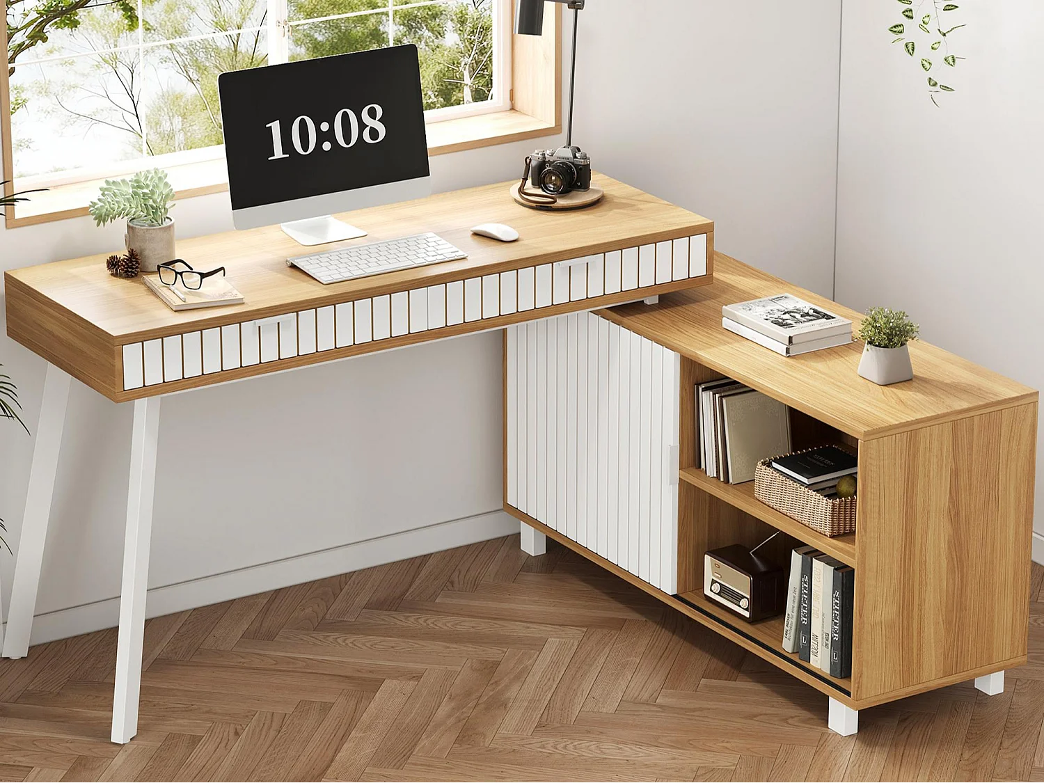 Bureau d'angle 140x120x76.5 cm - 2 tiroirs et 1 porte coulissante - MDF+métal - Naturel + blanc