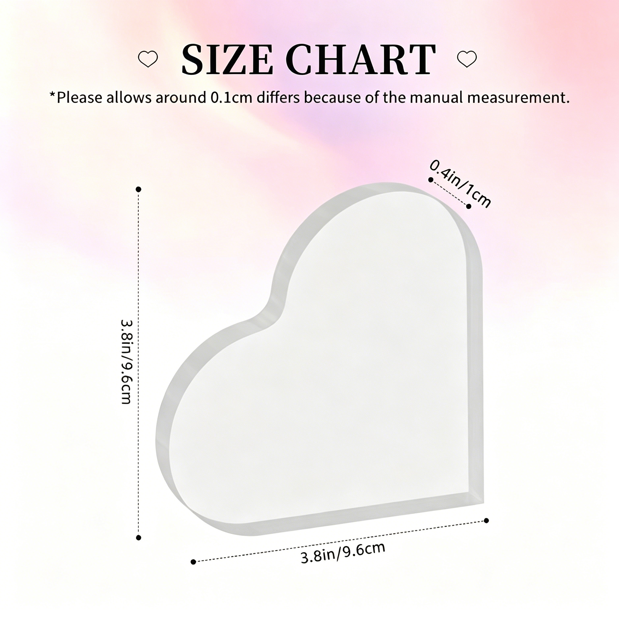 Size chart and dimension measurements for the personalized heart-shaped clear acrylic photo plaque