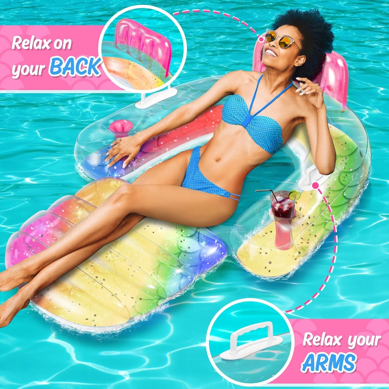 Portable PVC Air Mattress Water Swimming Chair for Adults and Children with Headrest and Foot Holder for Pool and Hammock Use