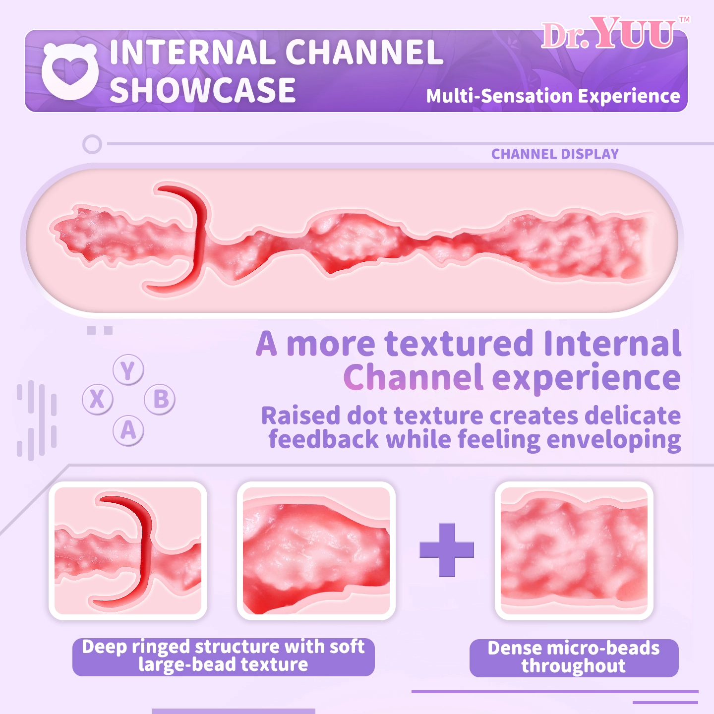 Mid-channel design with dense soft nodule textures for layered tactile feedback in a manual masturbator