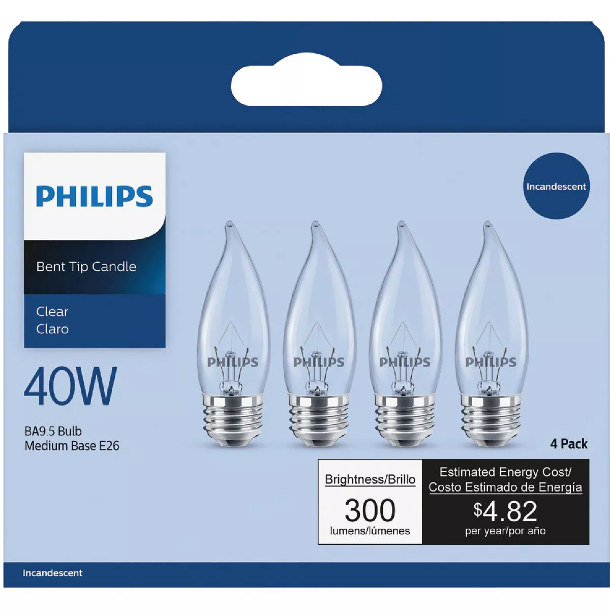 Philips DuraMax 40W Clear Medium BA9.5 Incandescent Bent Tip Light Bulb (4-Pack)