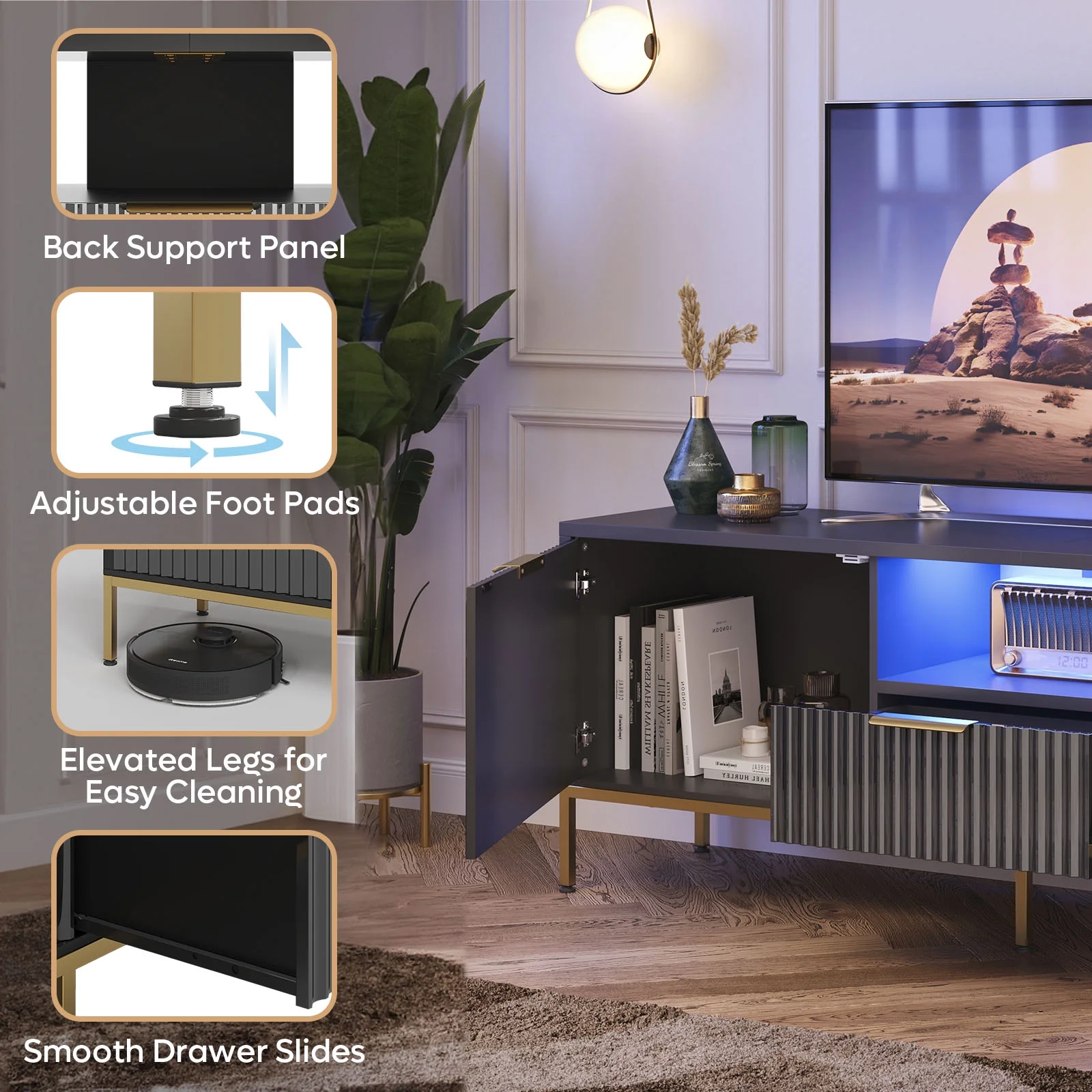 Bestier 55" LED TV Stand for TVs up to 60" Modern High Gloss Entertainment Center with Drawers Cabinets Fluted TV Console, White & Gold - Image 15