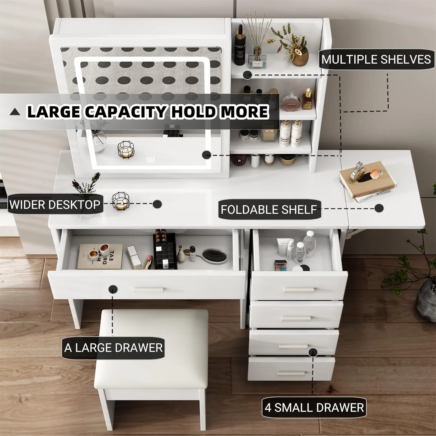 Montary Modern Mini Vanity w/Adjustable LED Mirror + Hidden Storage, Padded Stool & Dustproof Shelves (White) - Image 65