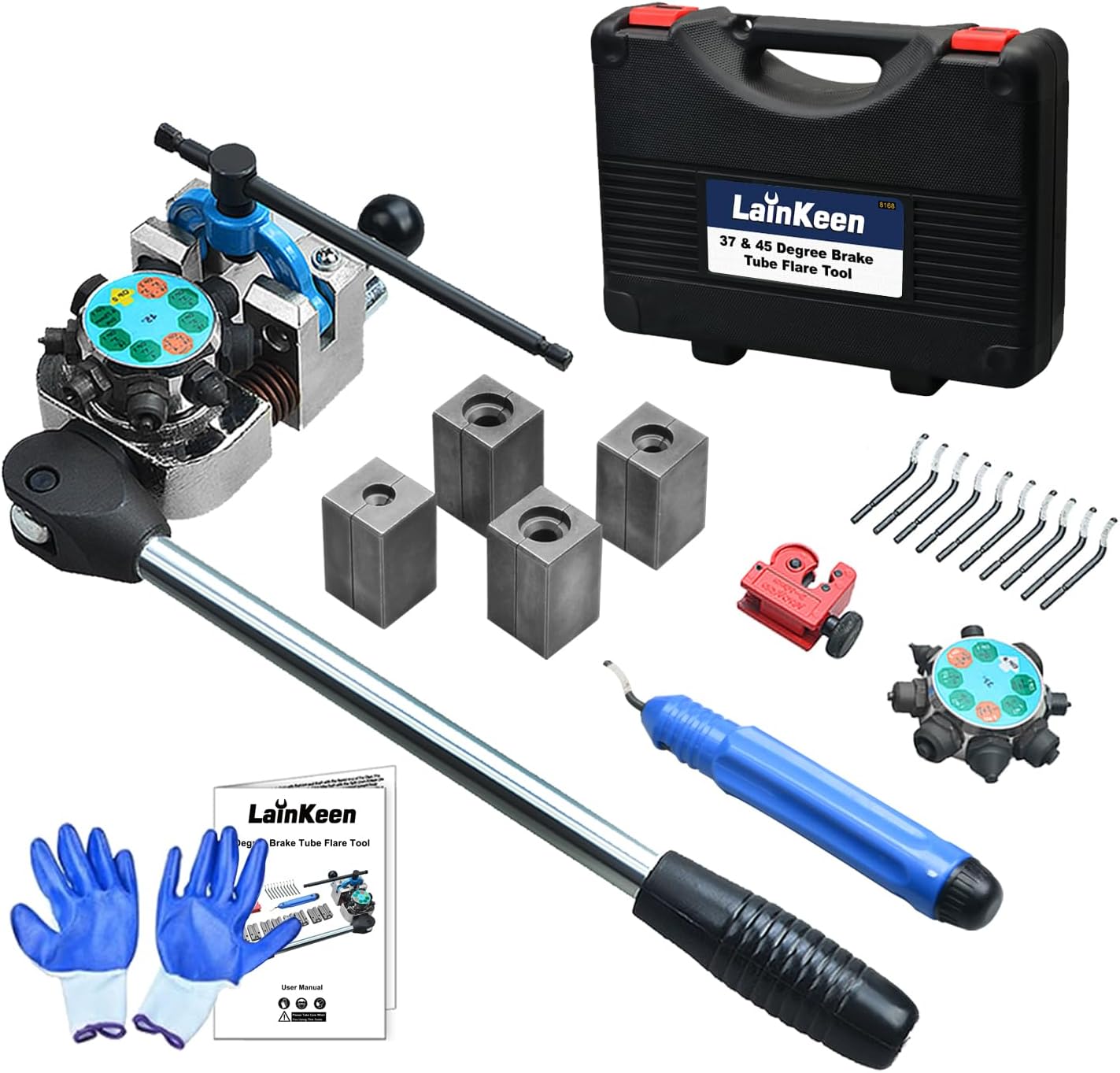 LainKeen Professional Brake Line Flaring Tool Kit, 45 and 37 Flaring Tool Set, Single, Bubble and Double Flare Tool Set for Brake Lines, Brake Flare Tool Kit for 3/16