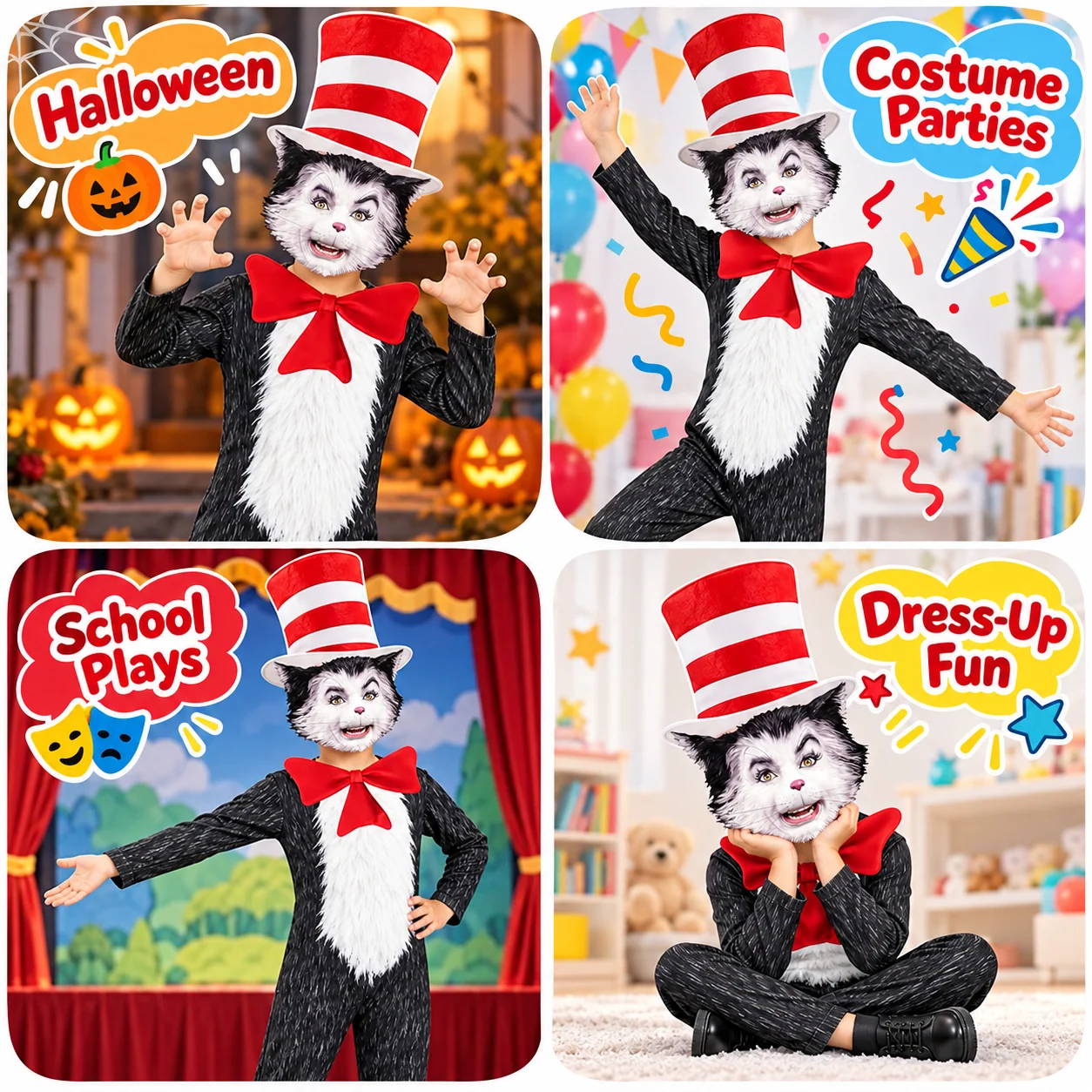 4-Piece Cat Halloween Cosplay Costume for Kids, Scary Cat Jumpsuit Set with Mask, Striped Hat & Bow Tie for Boys & Girls, Ages 11-12 - Image 13 4-Piece Cat Halloween Cosplay Costume for Kids, Scary Cat Jumpsuit Set with Mask, Striped Hat & Bow Tie for Boys & Girls, Ages 11-12 - Image 13