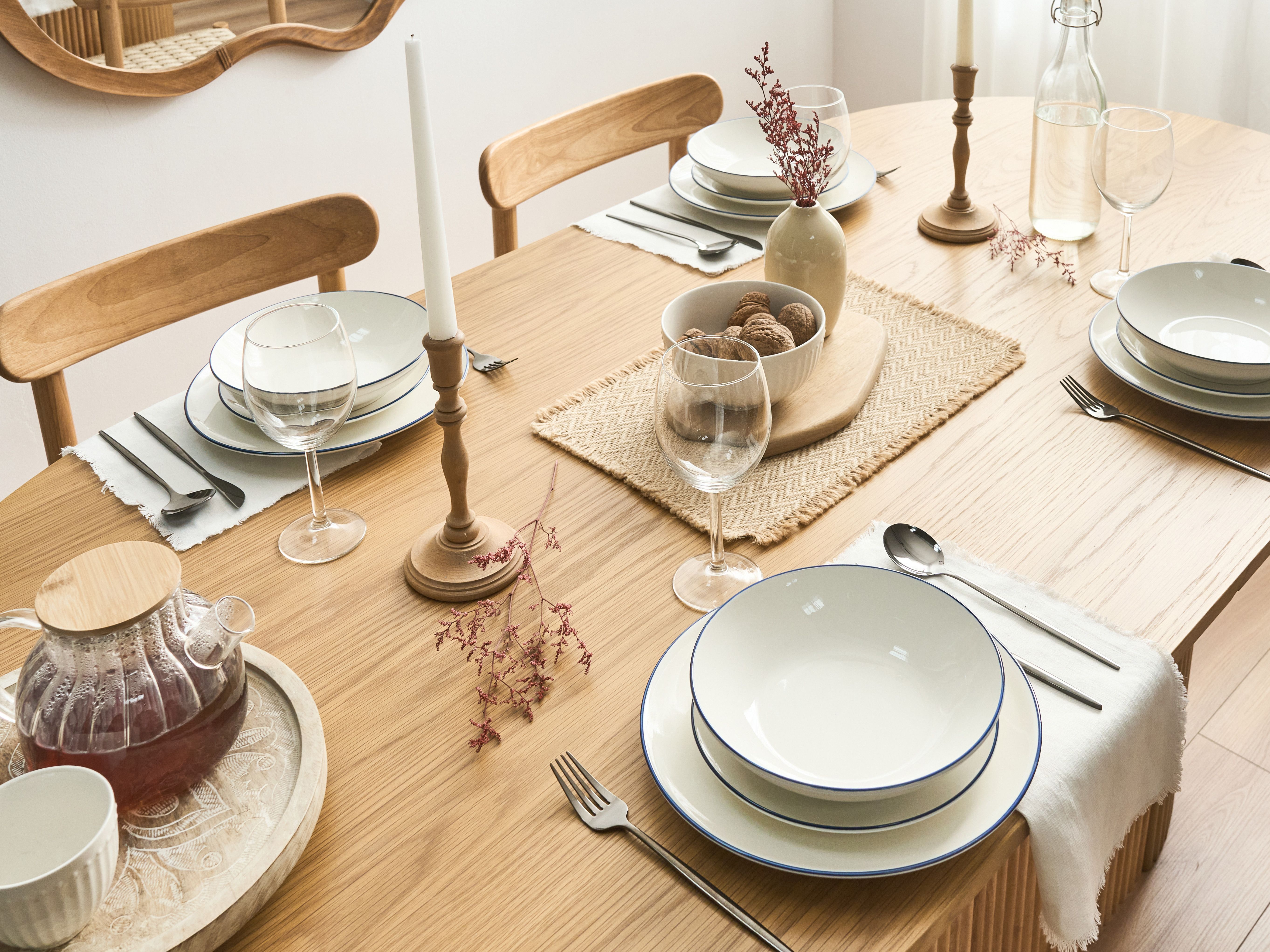 Set of 12 Dinnerware CUMIN Porcelain Off-White/ Blue