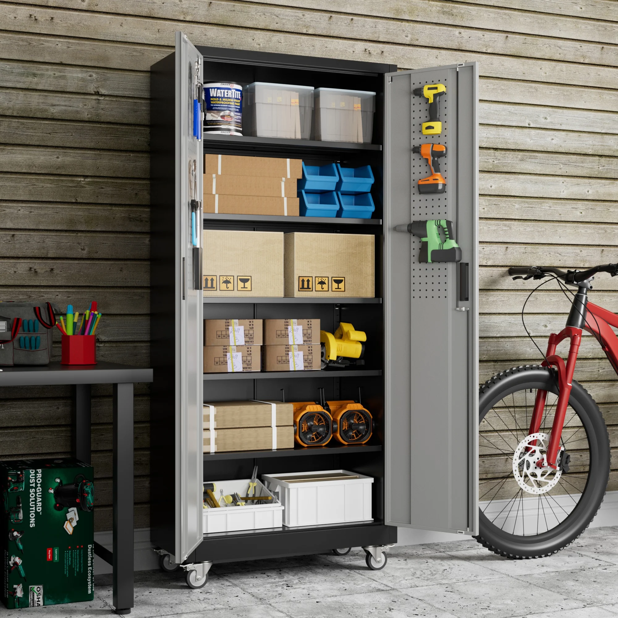 GangMei 71 inches Tall Metal Rolling Garage Storage Cabinets with Locking Doors and 5 Adjustable Shelves, Metal Storage Cabinet for Garage, Office, Home, Classroom, Assemble Required(Black) - Image 37