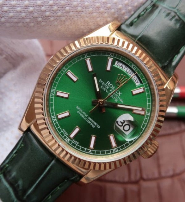 Replica Rolex Day-Date 118138 YG Green Dial Green Leather Strap A2836 - Elite Watch Atelier