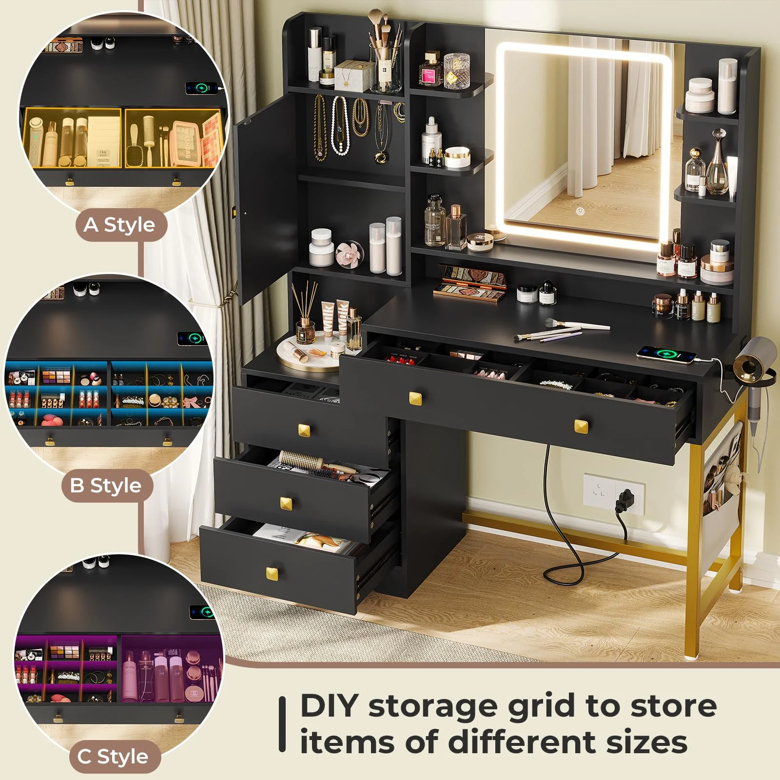 Makeup Vanity Desk with Lighted Mirror & Charging Stations & 6 Drawers Large Vanity Table Bedroom Dressing Table with Glass Tabletop&Side Cabinet&Glass Tabletop, Black - Image 16