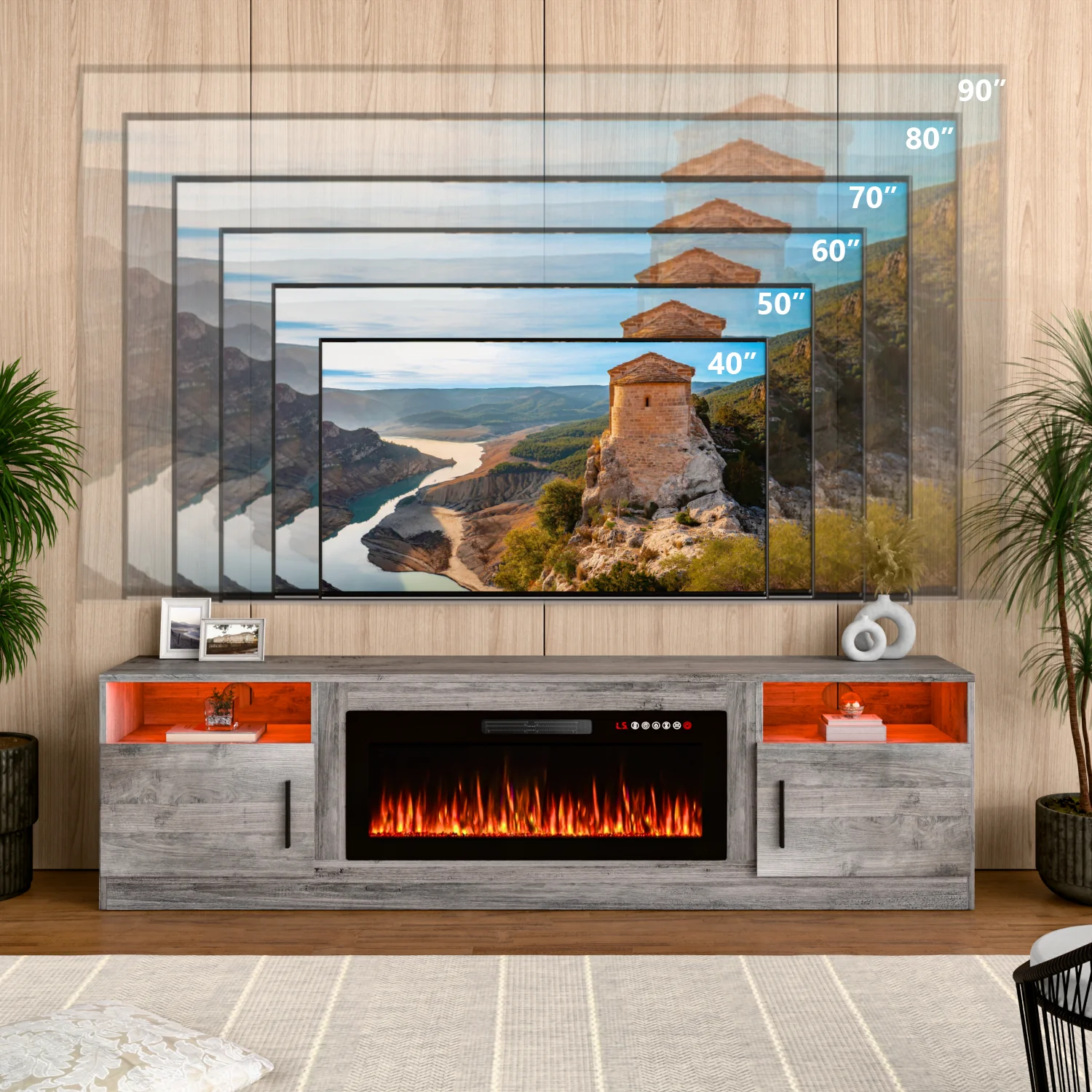 Waleaf Fireplace TV Stand with 36" Electric Fireplace Up to 80" TVs, Modern Wood Media TV Console with Highlight Cabinet, White - Image 42