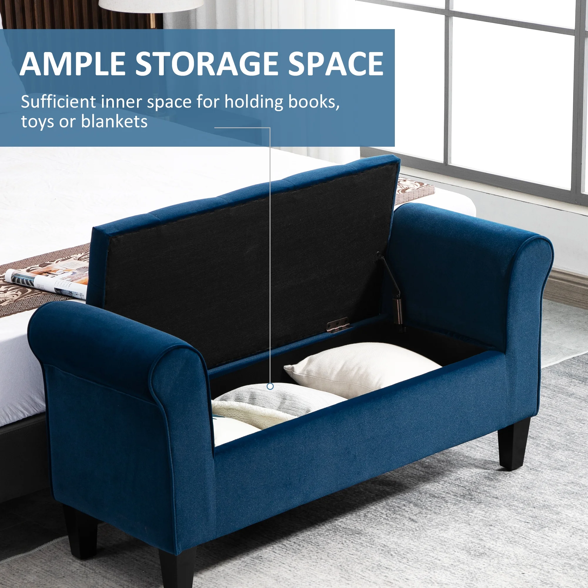 HOMCOM Button-Tufted Storage Ottoman Bench, Upholstered Bench with Rolled Armrests for Living Room or Hallway, Blue - Image 7