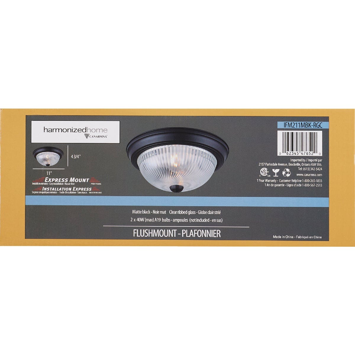 Canarm 11 In. Matte Black Flush Mount, Clear Glass