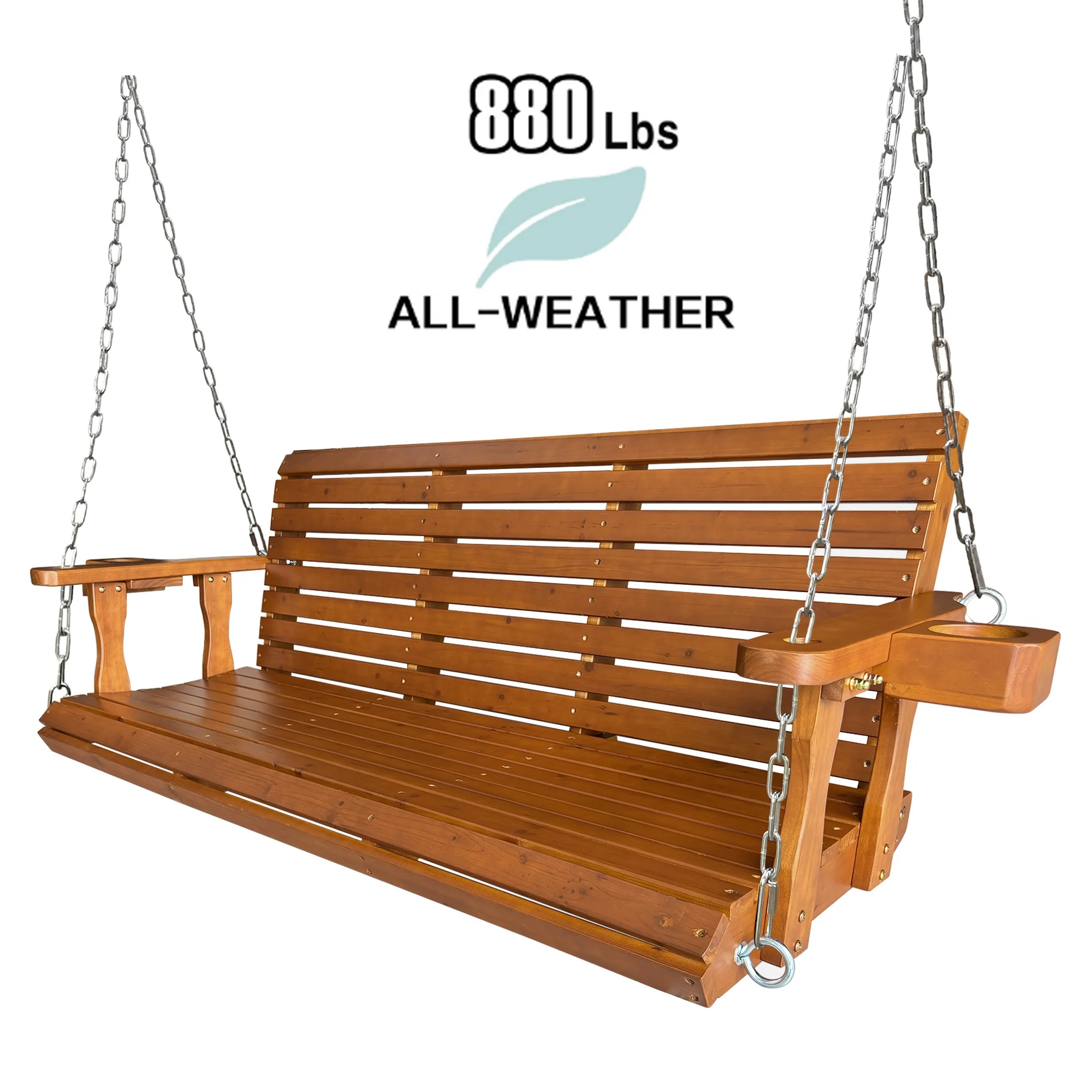 Fortune Candy 3 Person Outdoor Wood Hanging Swing, Heavy Duty 880 lbs Wood Porch Swing, Brown-5ft - Image 8